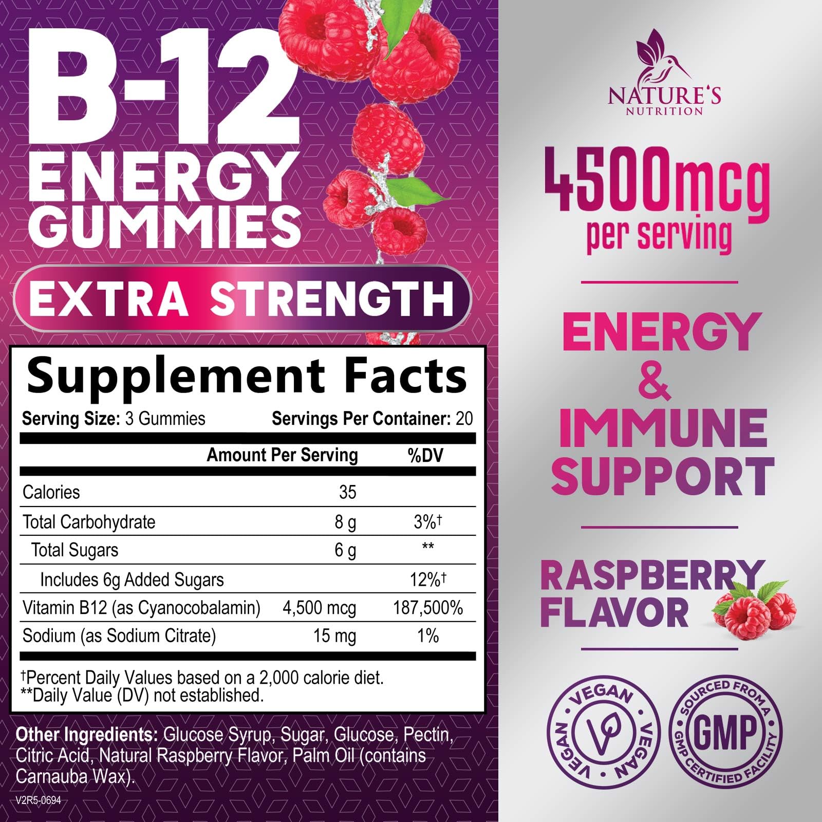 Gomme individuelle B12 Énergie Nature's Nutrition, texture douce et saveur fruits des bois.