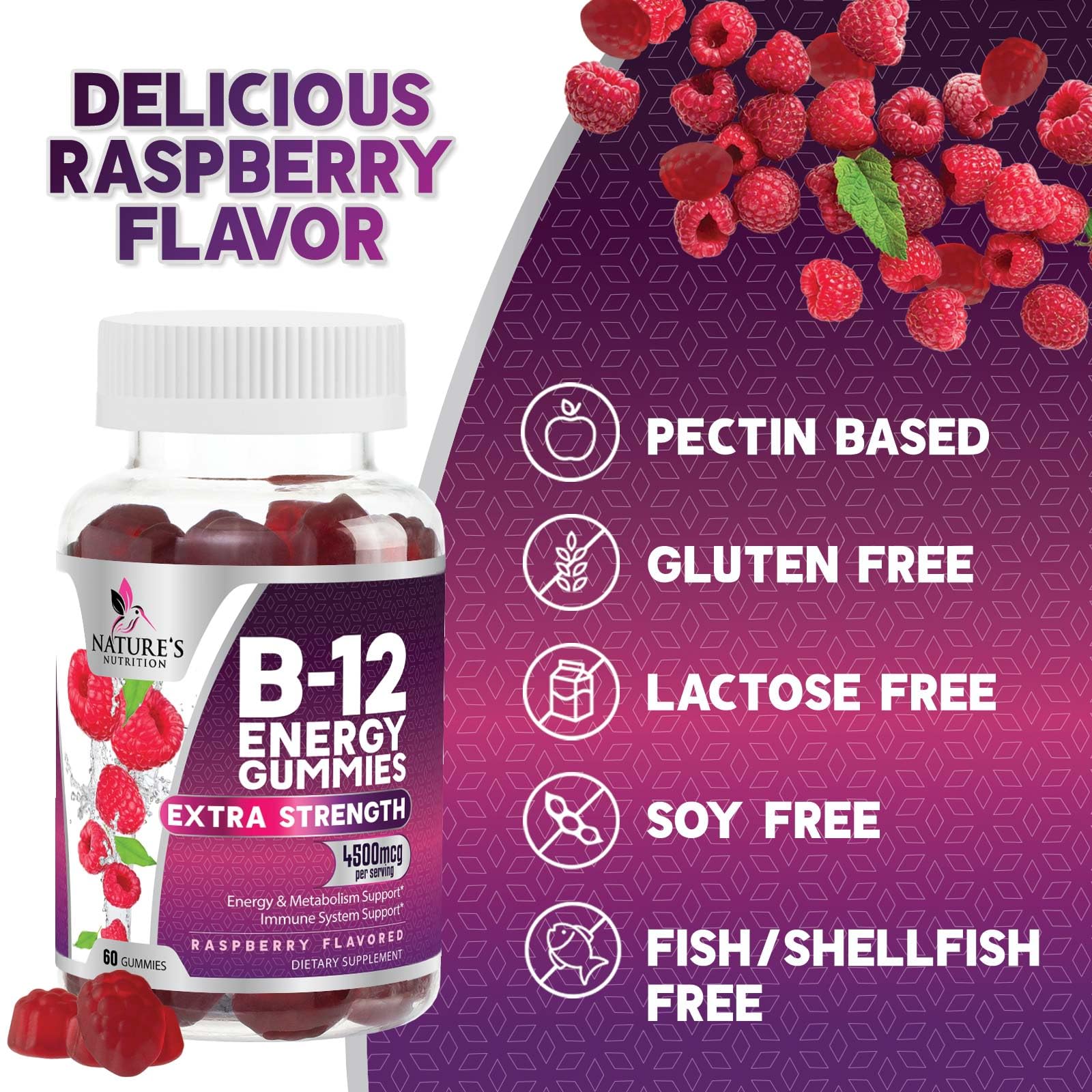 Étiquette Nature's Nutrition B12 Énergie indique Non-OGM et vegan.