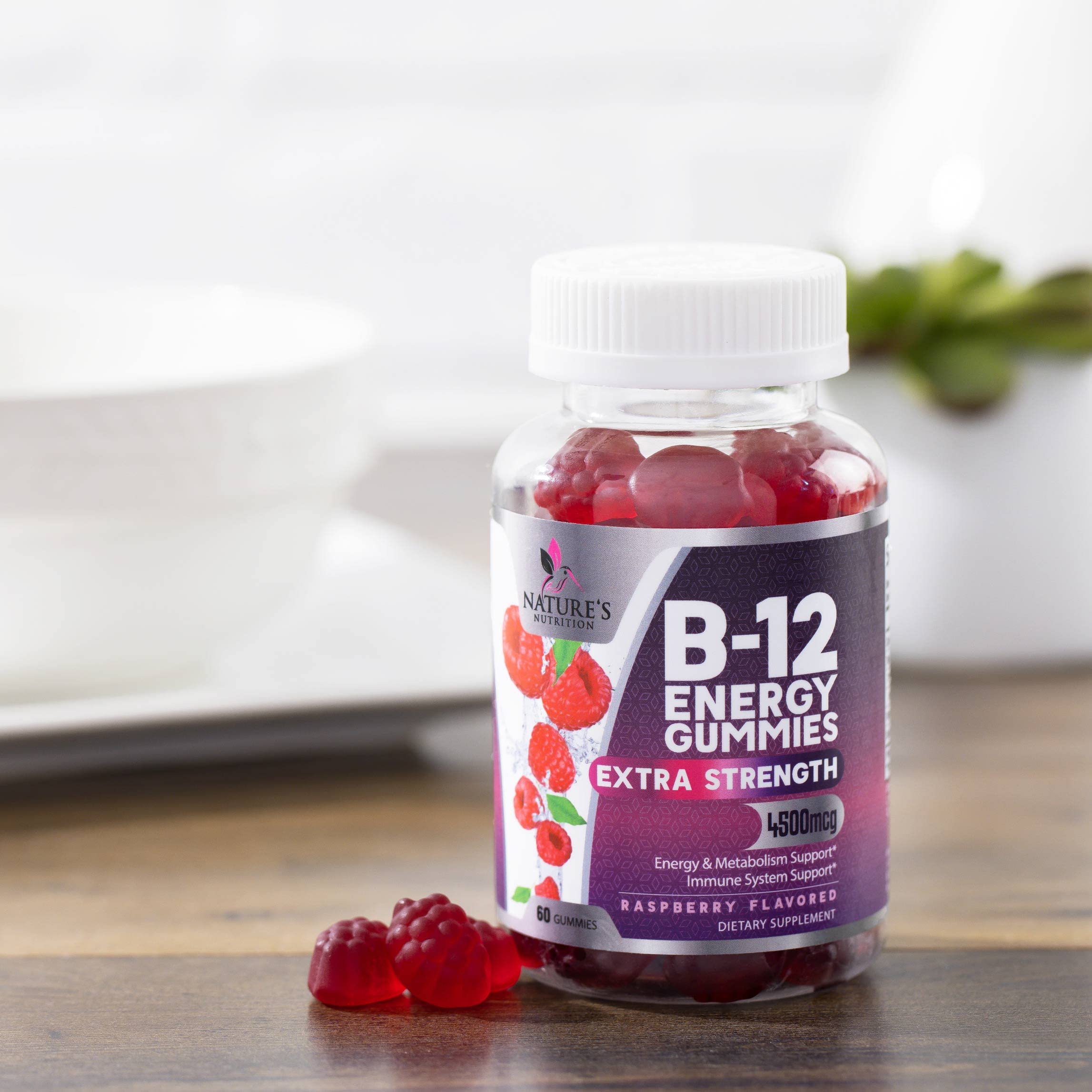 Logo vegan et sans gluten sur l'emballage Nature's Nutrition B12 Énergie.