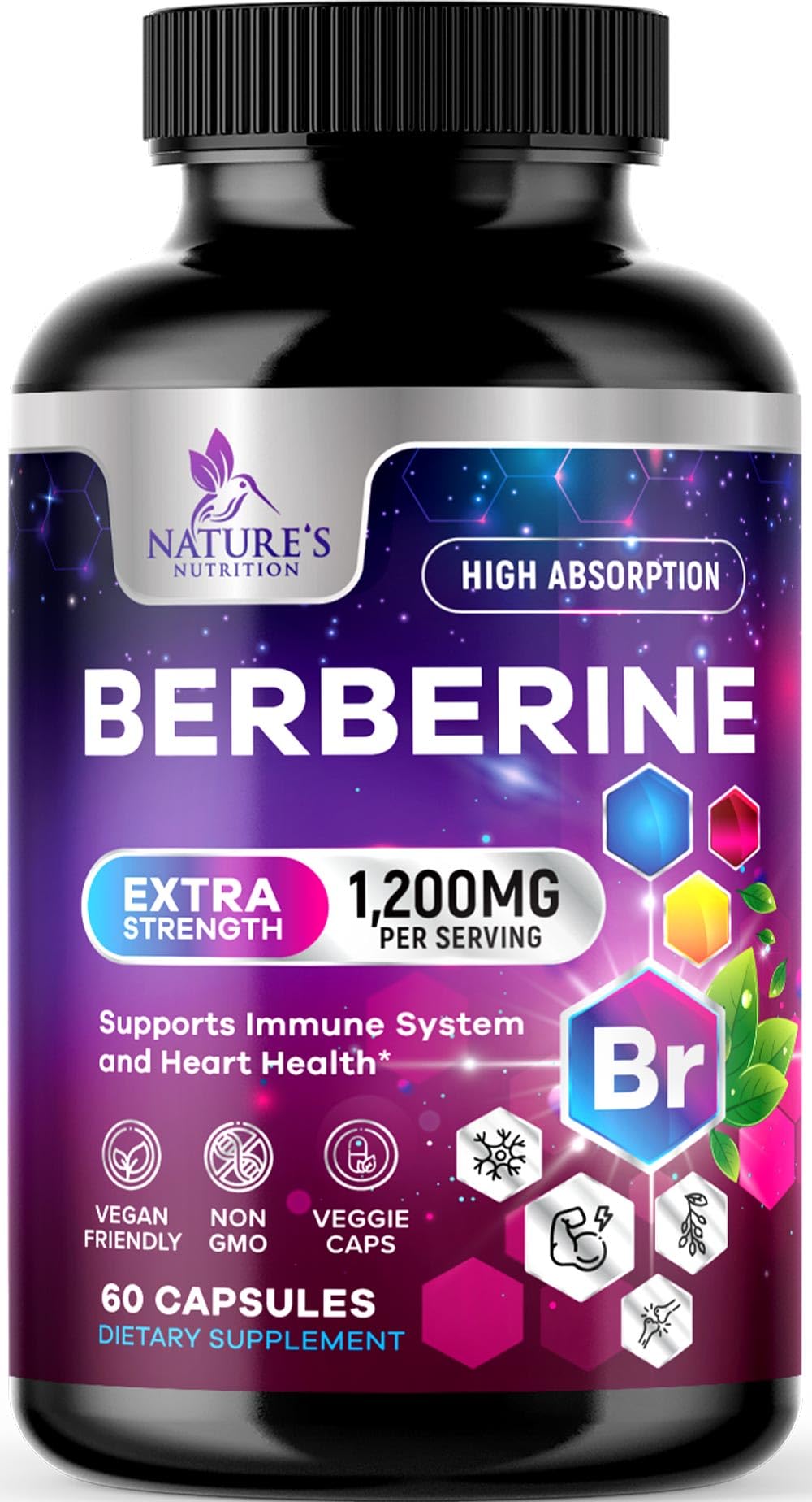 Nature's Nutrition Berberine HCL, bouteille montrant le flacon et le contenu