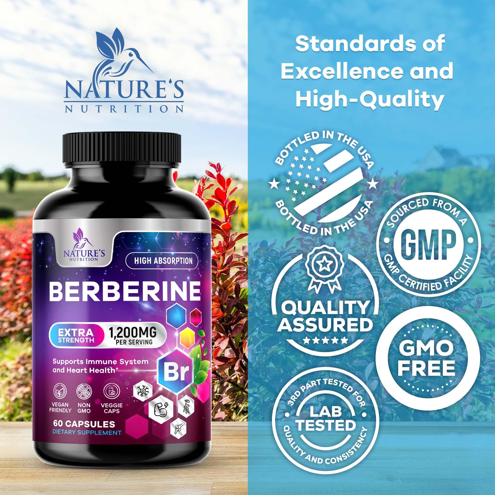 Nature's Nutrition Berberine HCL, gélules végétales visibles dans un flacon