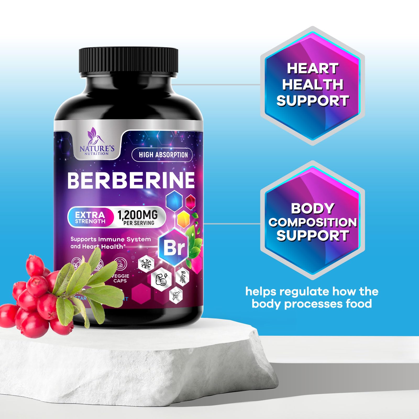 Nature's Nutrition Berberine HCL, étiquette sans sucre pour les choix diététiques