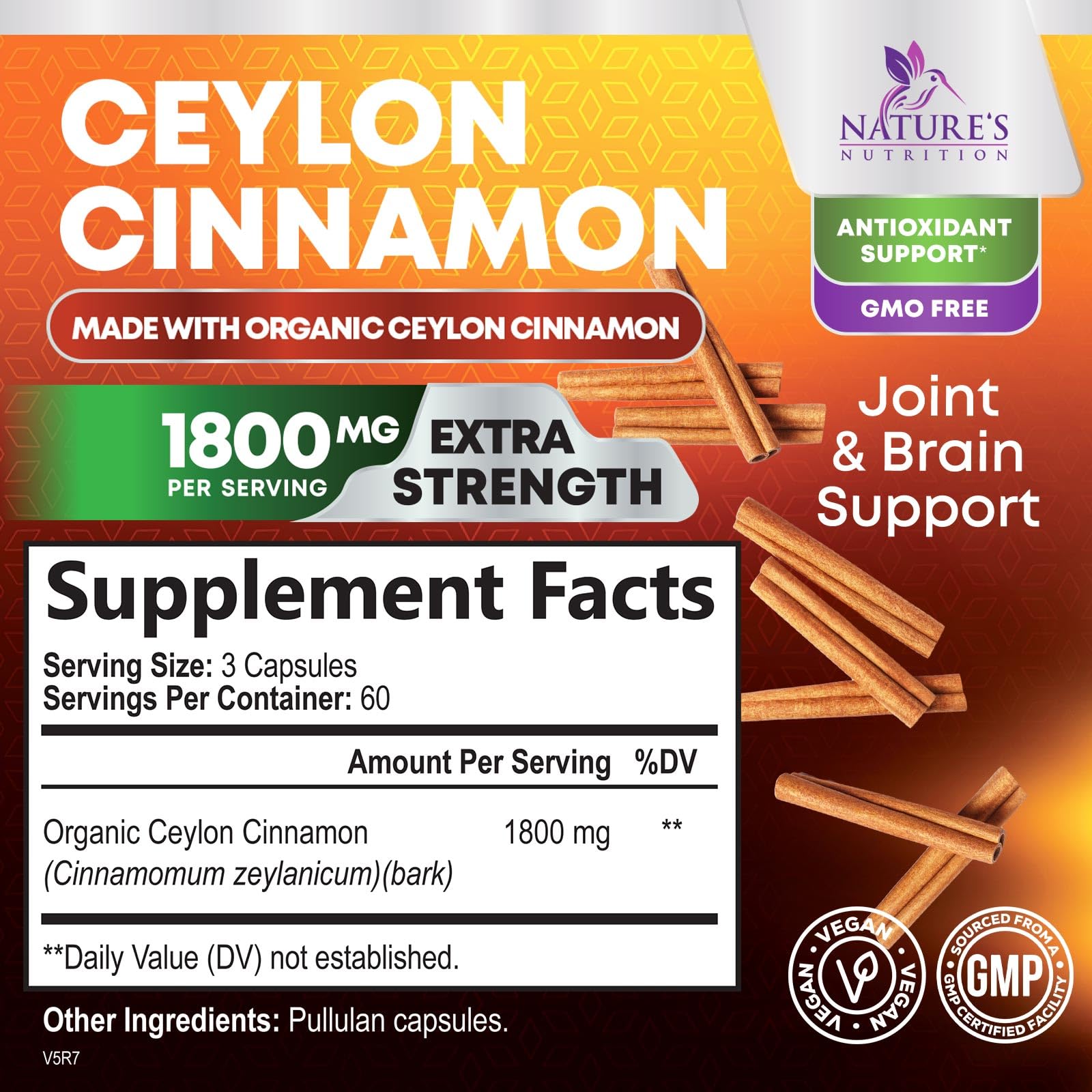 Bouteille Nature's Nutrition Cannelle Ceylon biologique prête à intégrer votre routine.