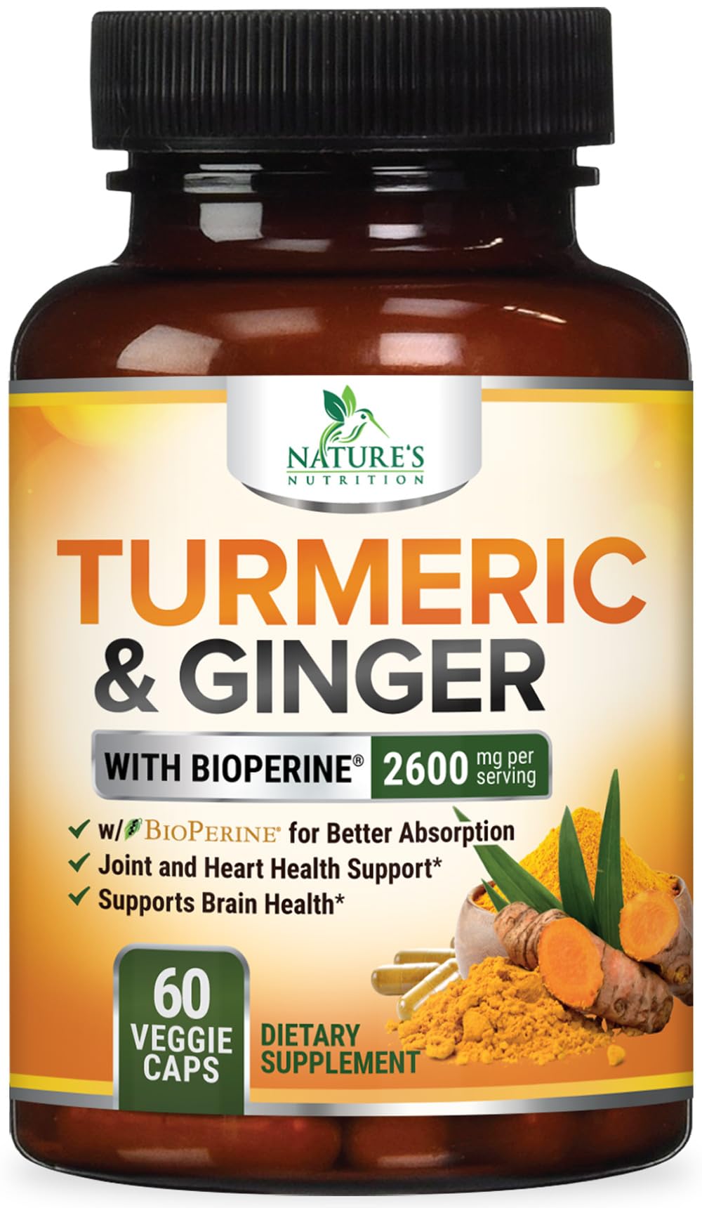 Nature's Nutrition bouteille curcumine 2600mg, dosage élevé pour le soutien des articulations.