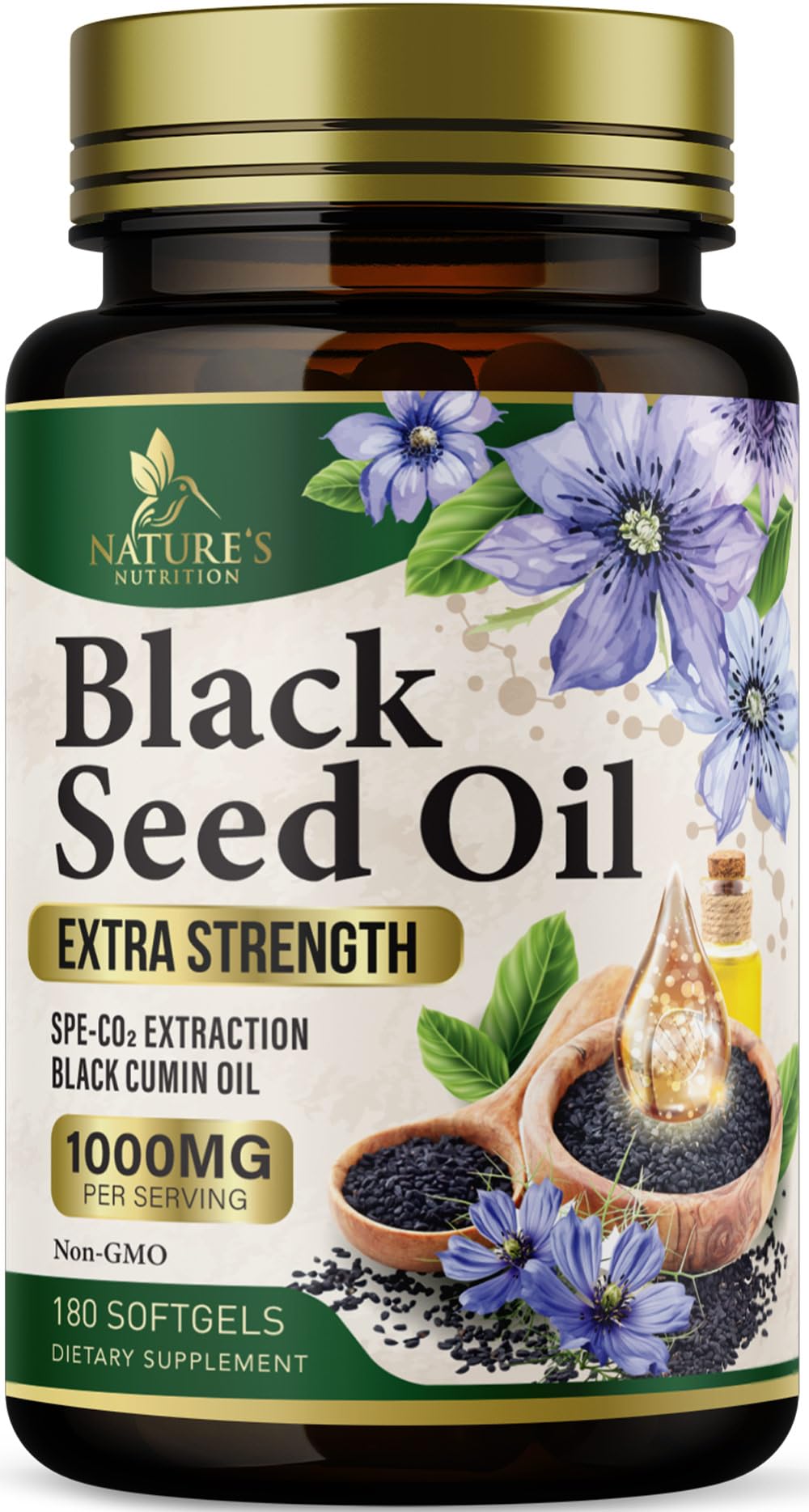 Nature's Nutrition: bouteille d'huile de nigelle 1000 mg, pratique et facile à intégrer.