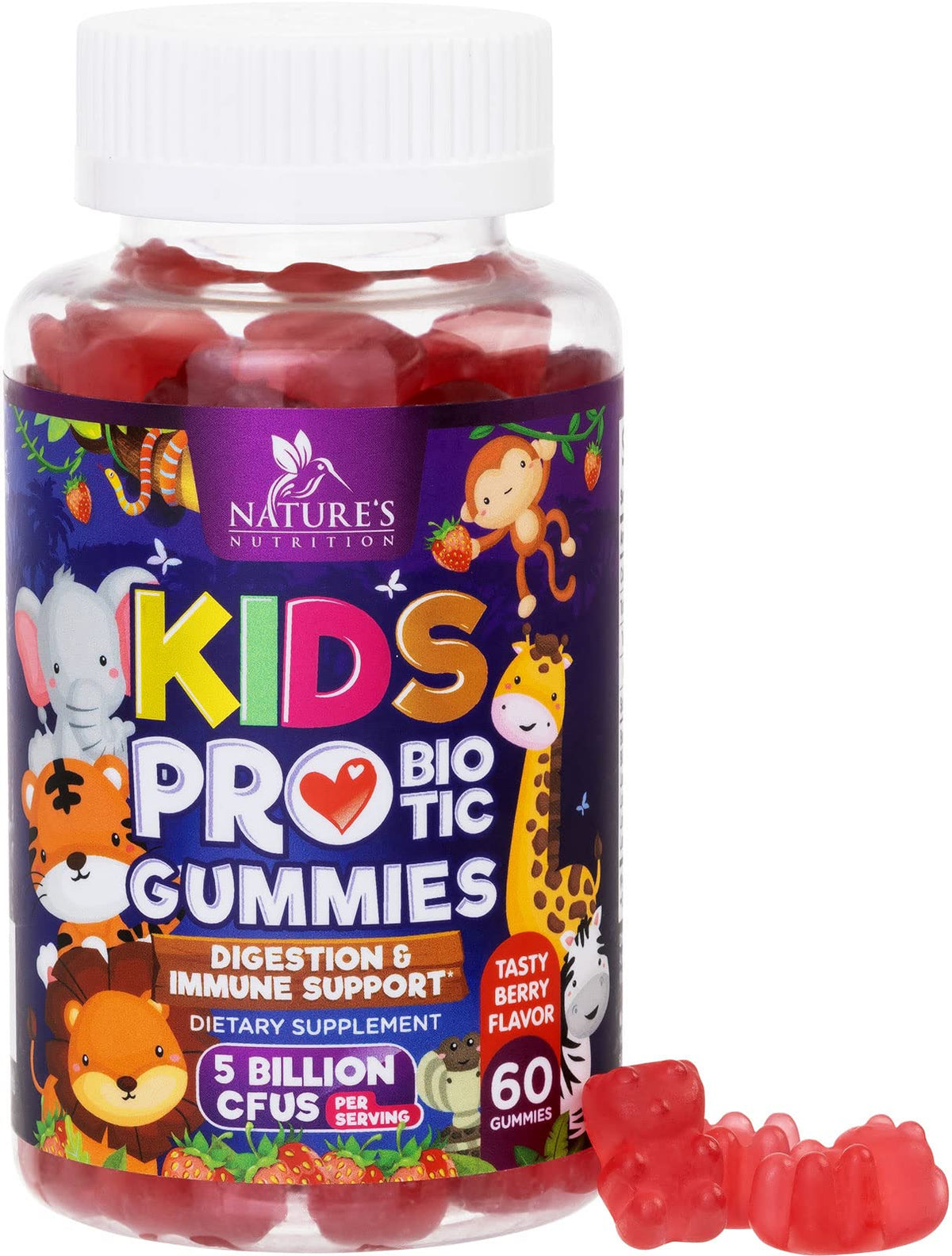Nature's Nutrition Probiotiques Enfants: bouteille 5 milliards CFU pour le soutien digestif quotidien.