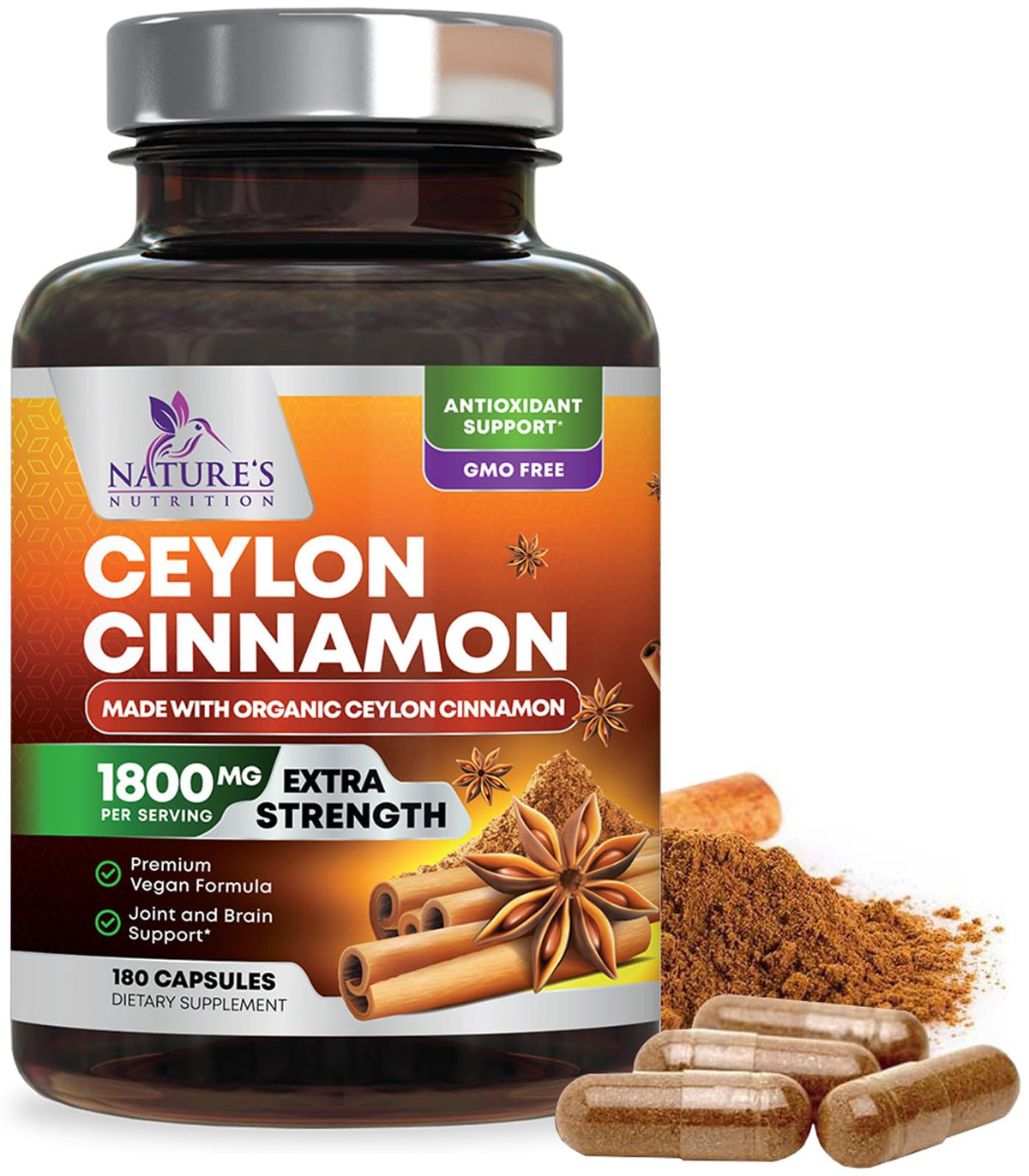 Nature's Nutrition Cannelle Ceylon biologique, capsules faciles à prendre et énergie potentielle.