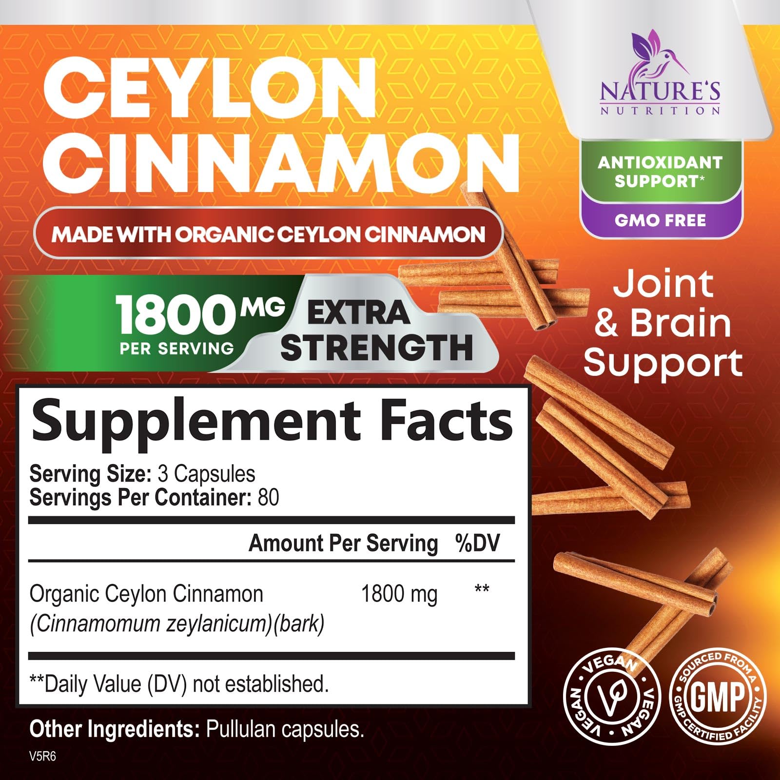 Nature's Nutrition Capsules Cannelle Ceylan 1800mg – soutien potentiel du métabolisme.