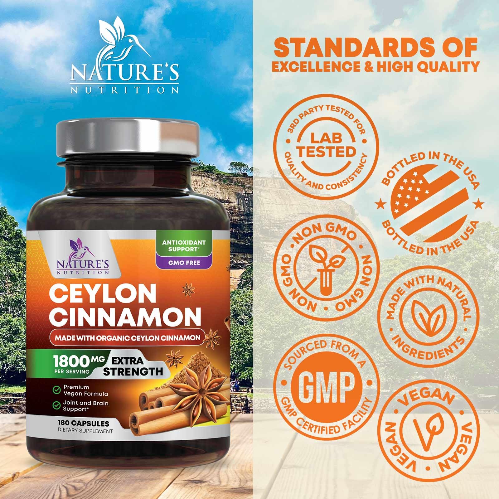 Capsules Nature's Nutrition Cannelle Ceylon, aspect pratique pour l'utilisation quotidienne.