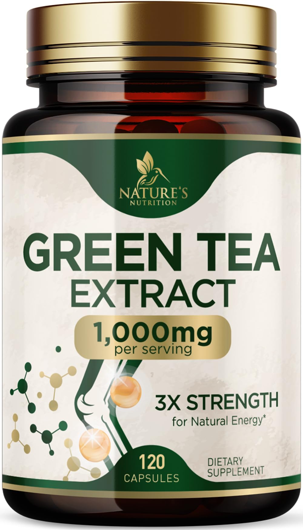 Nature's Nutrition : bouteille de capsules thé vert 1000 mg pour énergie naturelle.