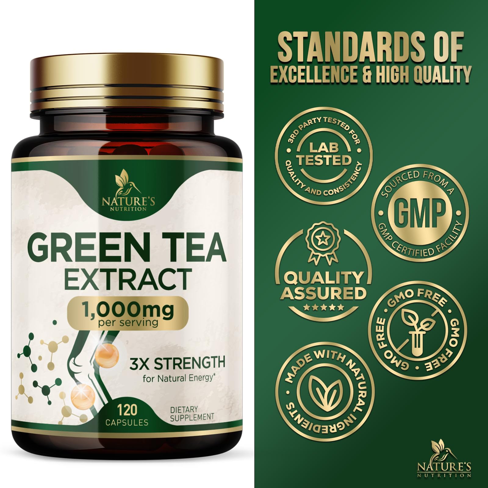 Nature's Nutrition : étiquette avant sur les capsules thé vert 1000 mg.