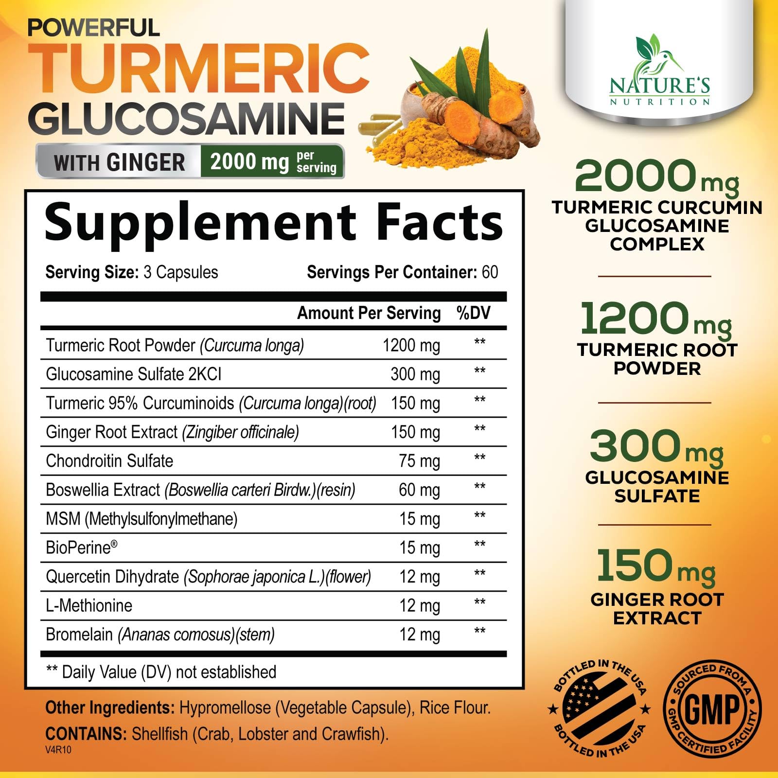 Gélules Nature's Nutrition Turmeric Curcumin 2000 mg, faciles à avaler.