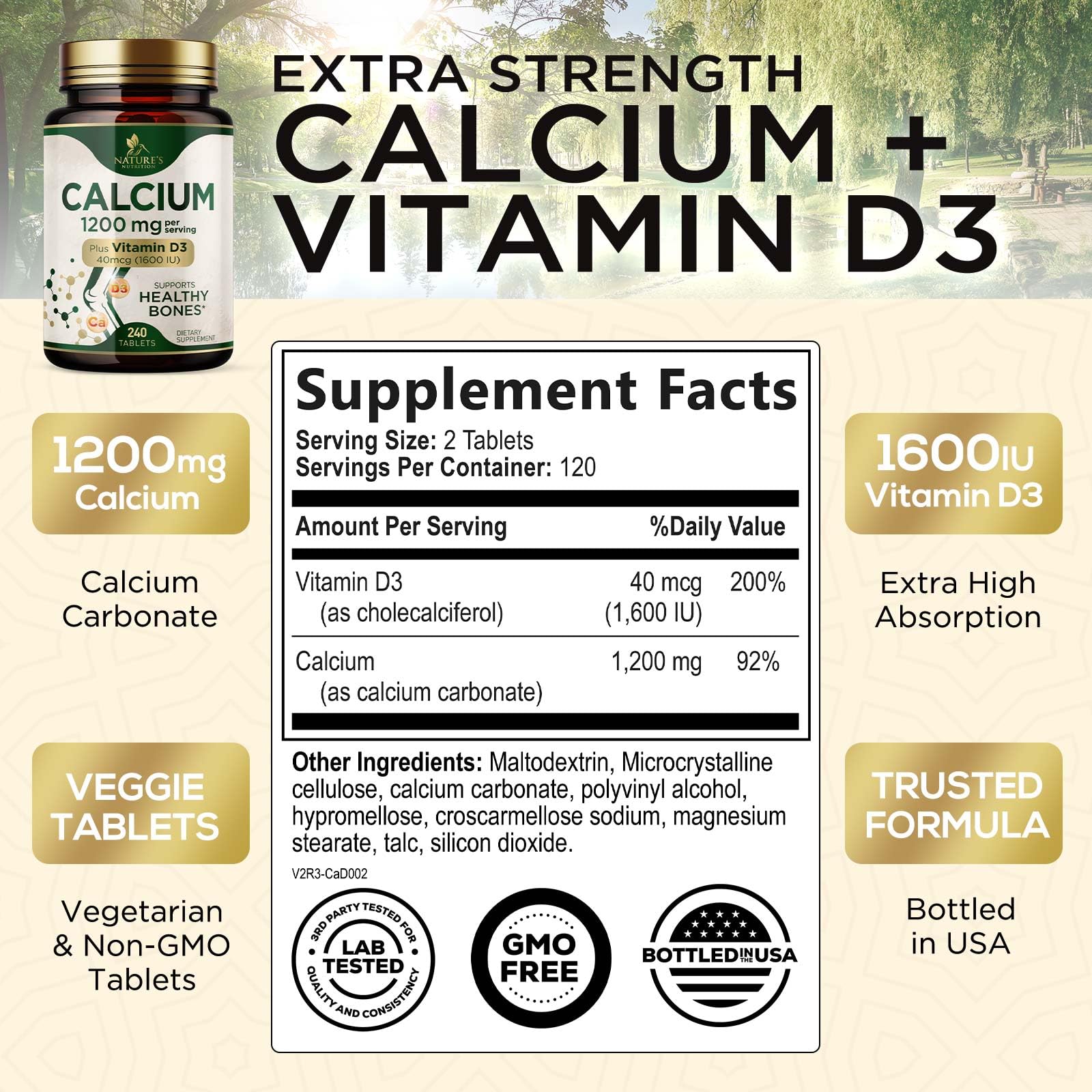 Nature's Nutrition comprimés calcium-d3 faciles à avaler, absorption potentiellement améliorée.