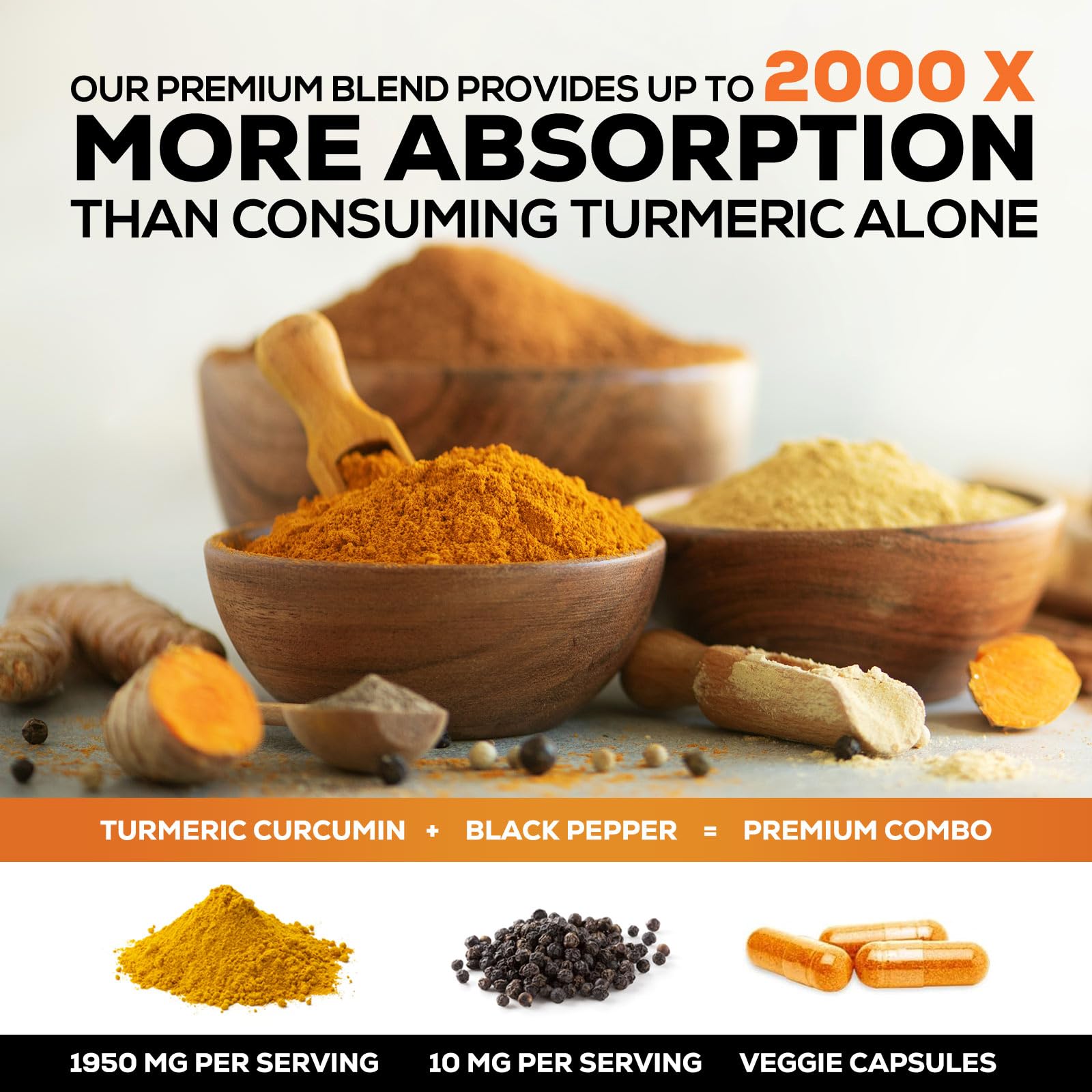 Nature's Nutrition Curcuma Biologique - Racine biologique en arrière-plan.