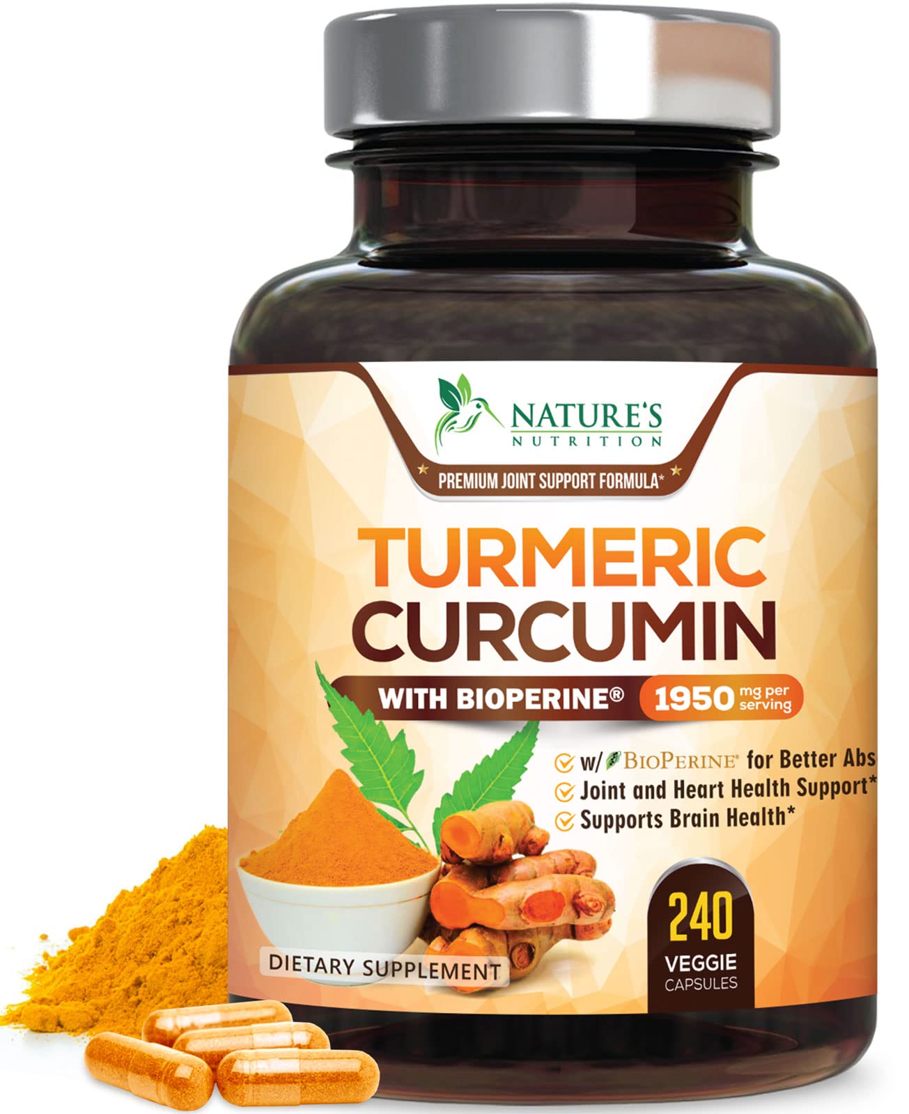 Nature's Nutrition Curcuma Curcuminoïdes, bouteille visible, soutien quotidien des articulations.