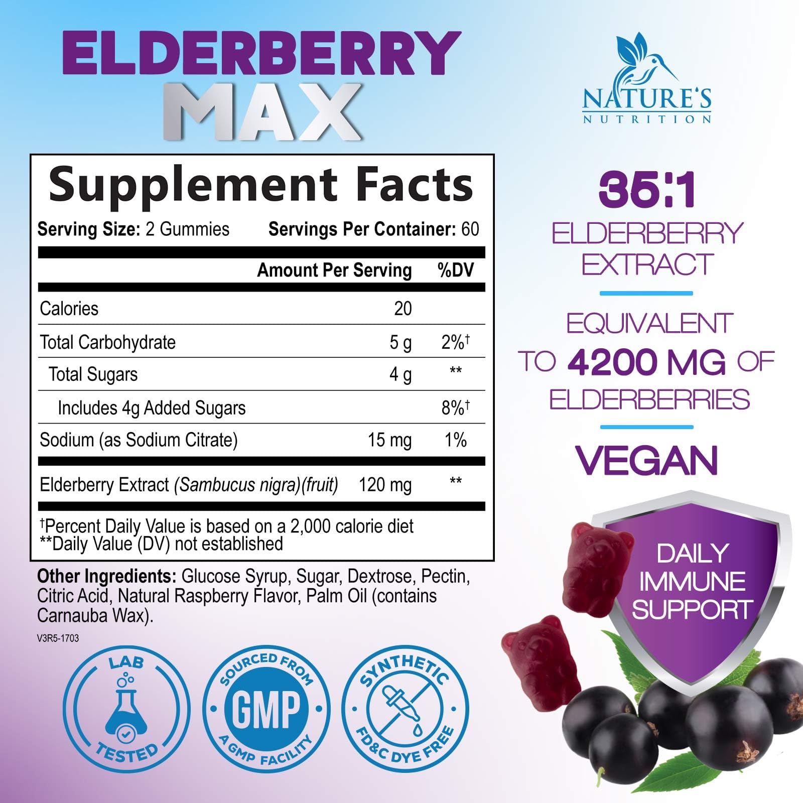 Gommes Nature's Nutrition Sureau Noir équivalent à 4200 mg de fruits.