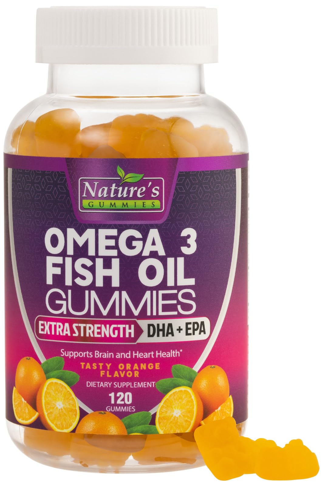 Nature's Nutrition Omega3 gommes, flacon orange, soutien potentiel pour le cœur et le cerveau.