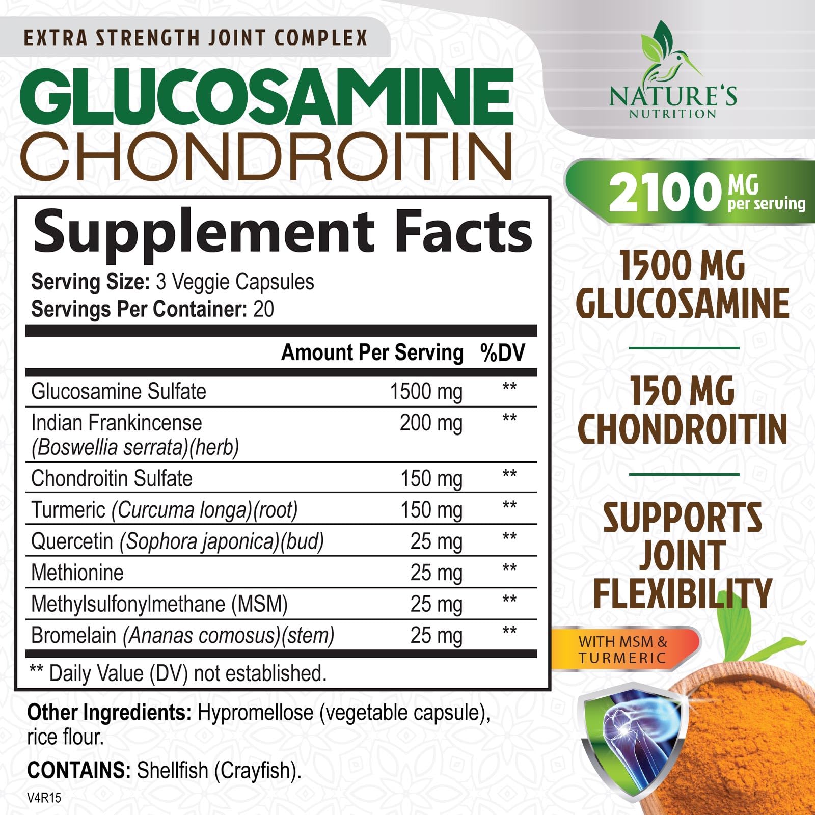Étiquette Nature's Nutrition Glucosamine-Chondroïtine-MSM affichant ingrédients et dosage