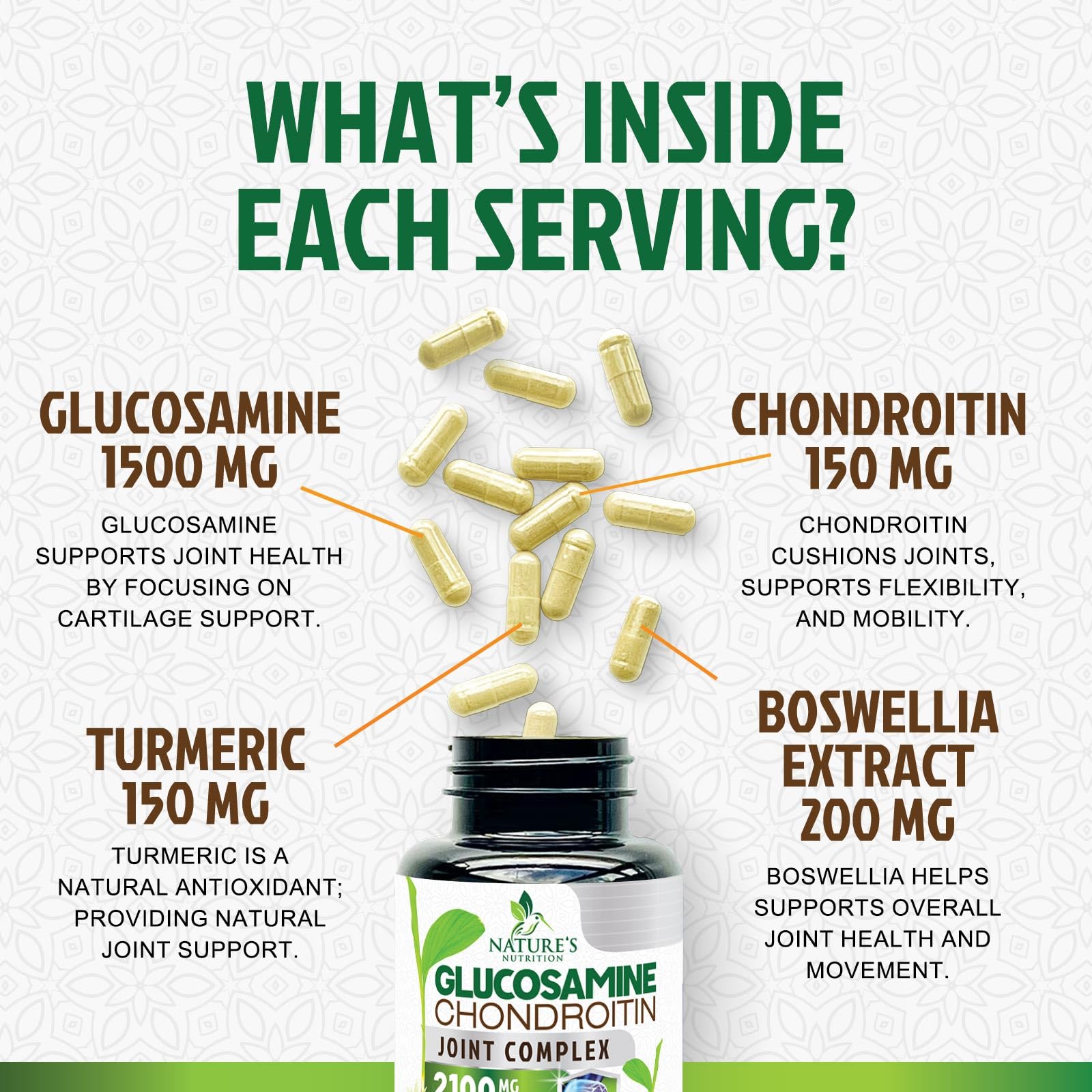 Gélules Nature's Nutrition Glucosamine-Chondroïtine-MSM visibles pour confort quotidien