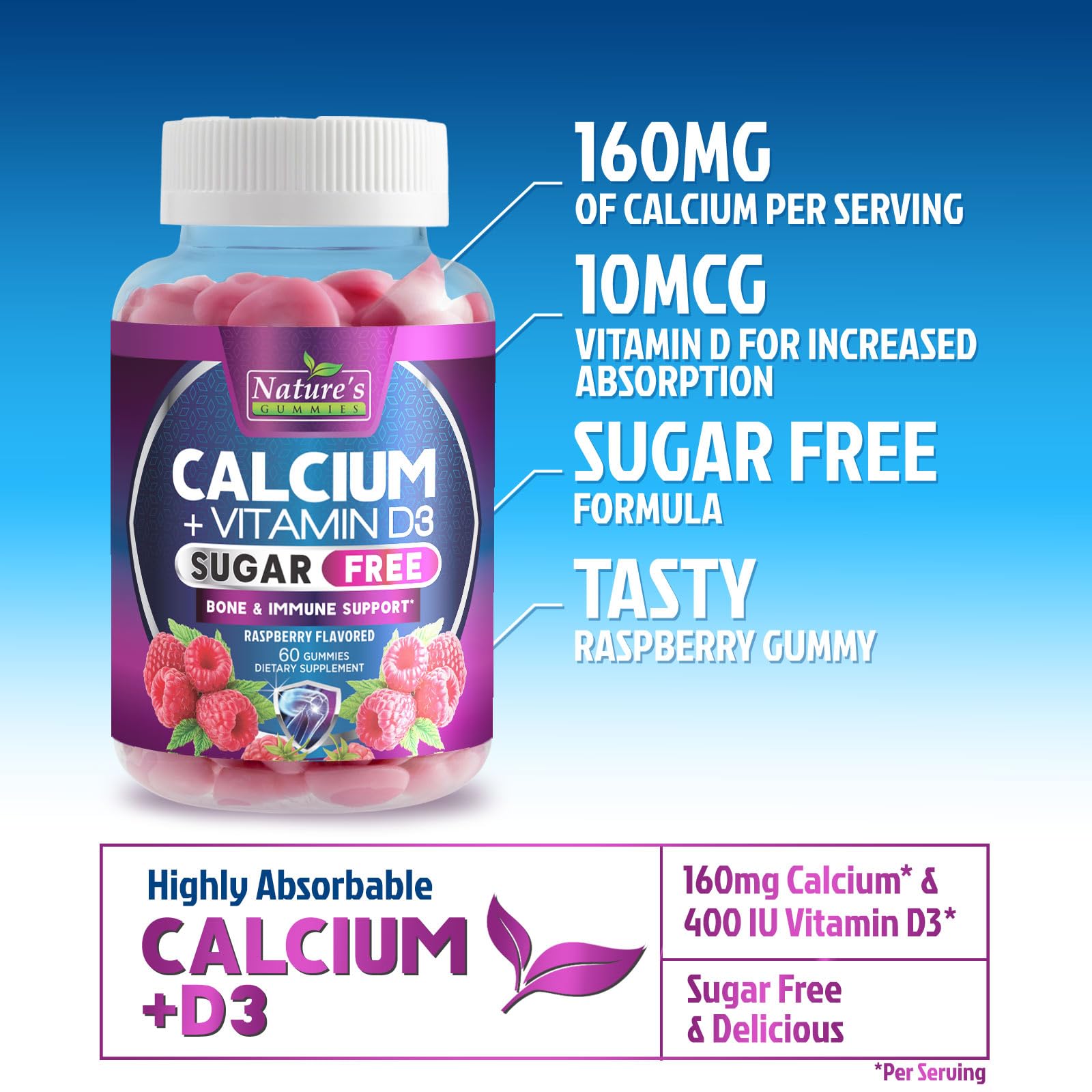 Flacon 60 gommes Nature's Nutrition, format pratique pour la semaine.