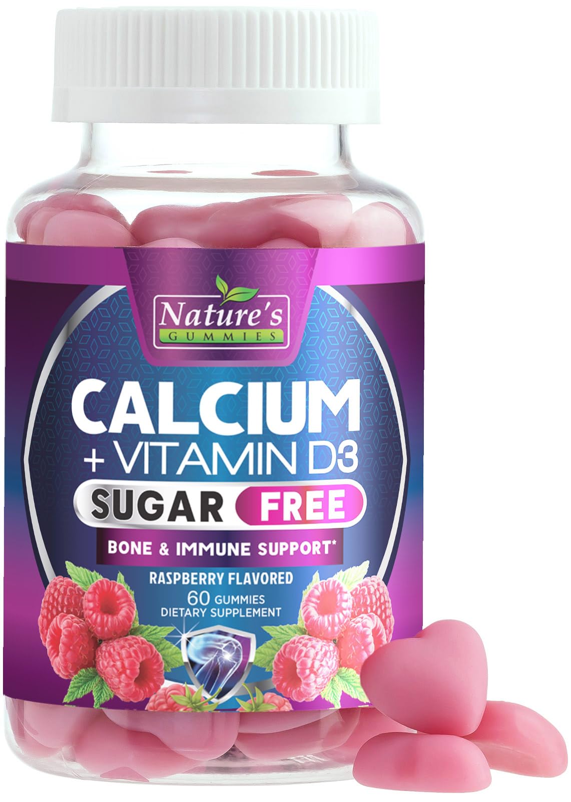 Nature's Nutrition Gommes Calcium D3 en bouteille, soutien potentiel des os et dents.