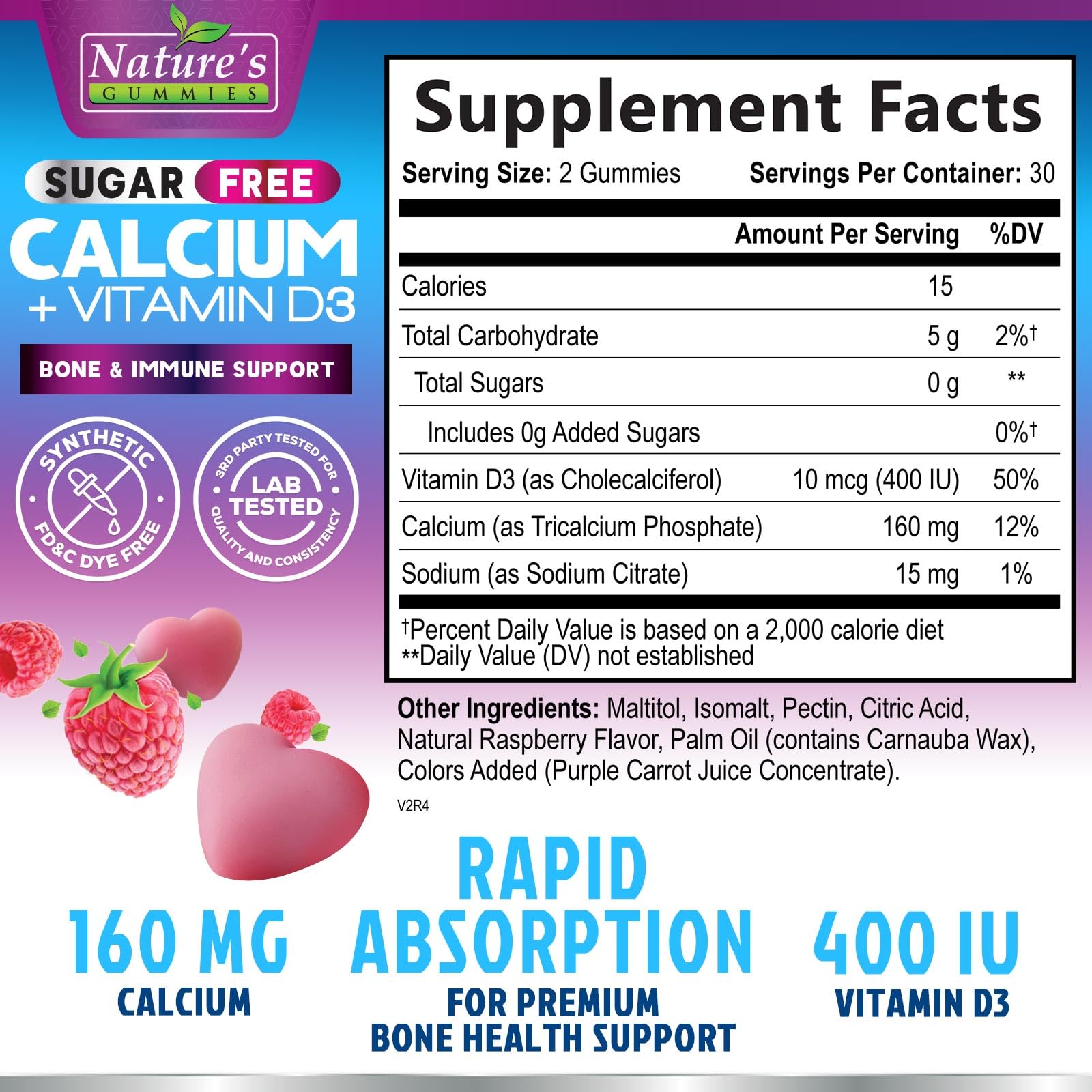Gommes calcium D3 Nature's Nutrition, dosage quotidien pratique et sans sucre.