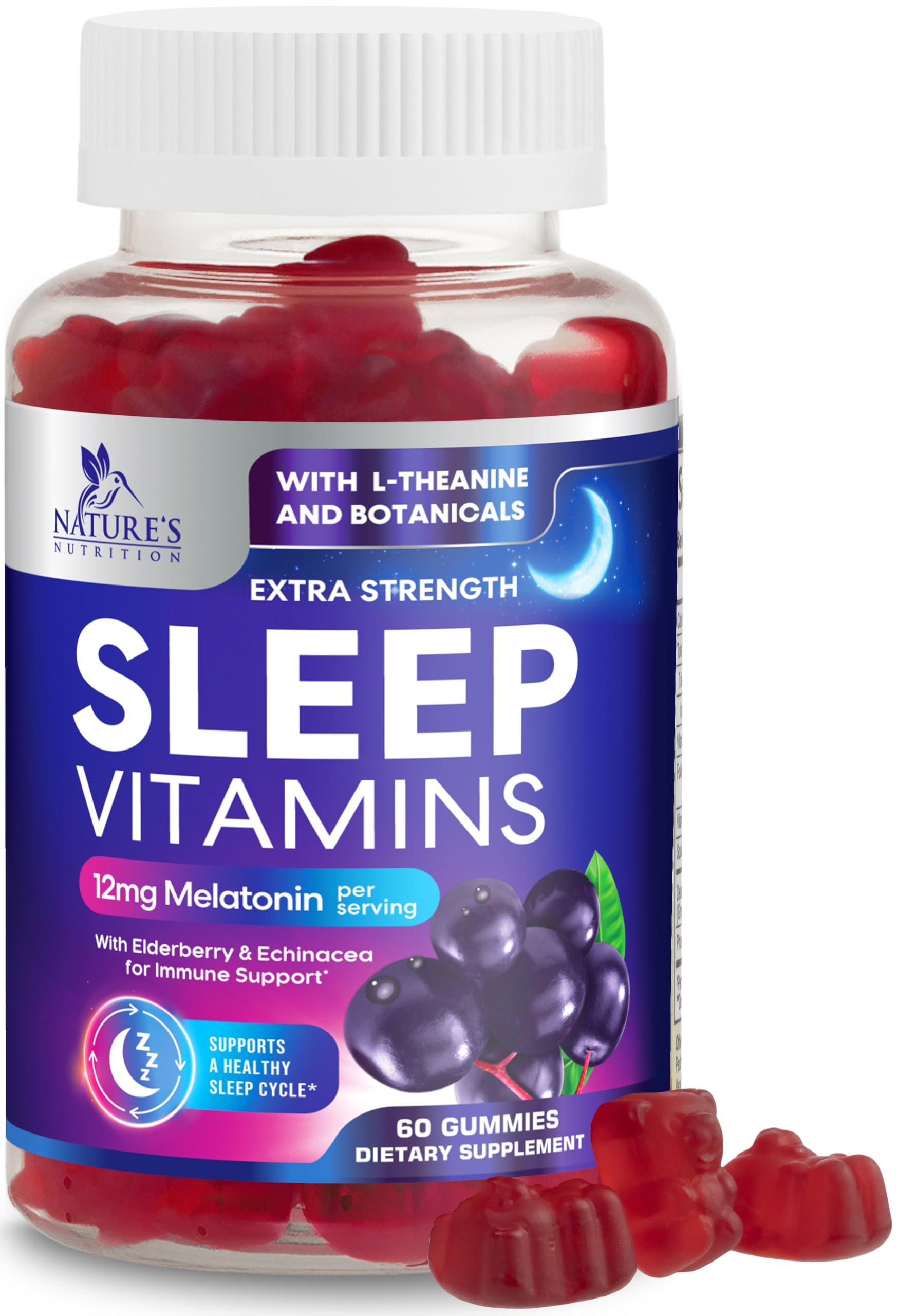 Nature's Nutrition gommes pour dormir mélatonine 12 mg, bouteille pratique.