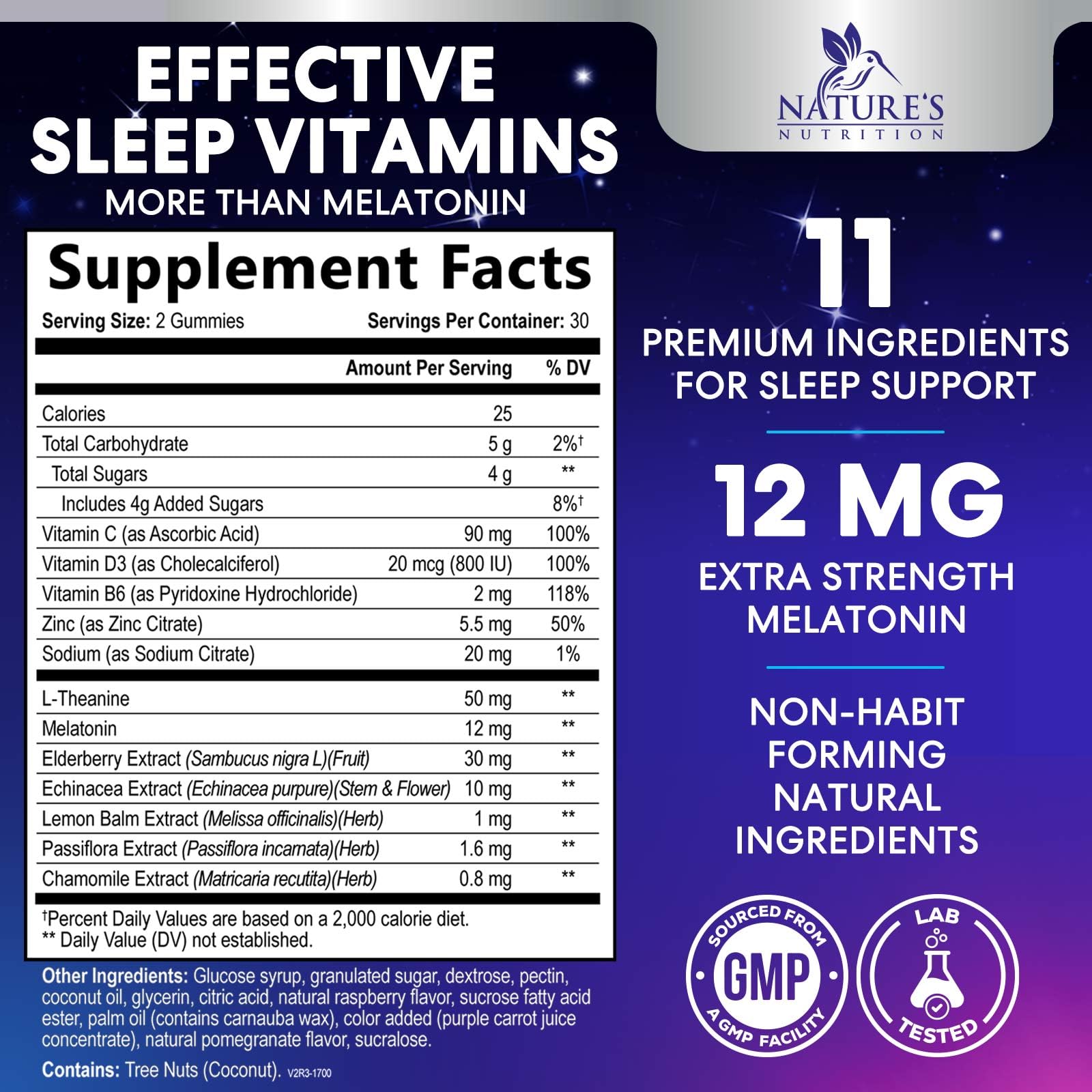 Nature's Nutrition gommes sommeil mélatonine 12 mg, texture agréable et facile à mâcher.