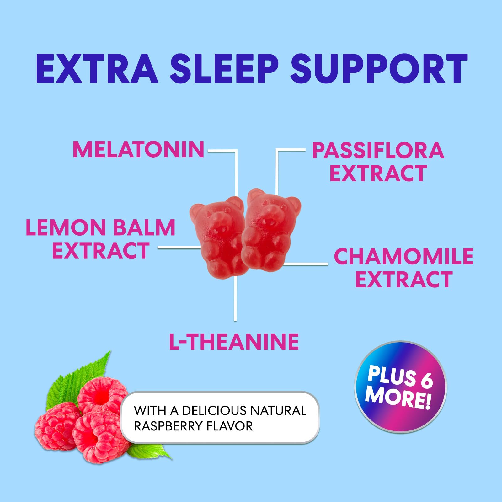 Nature's Nutrition gommes goût framboise, faciles à intégrer dans la routine nocturne.