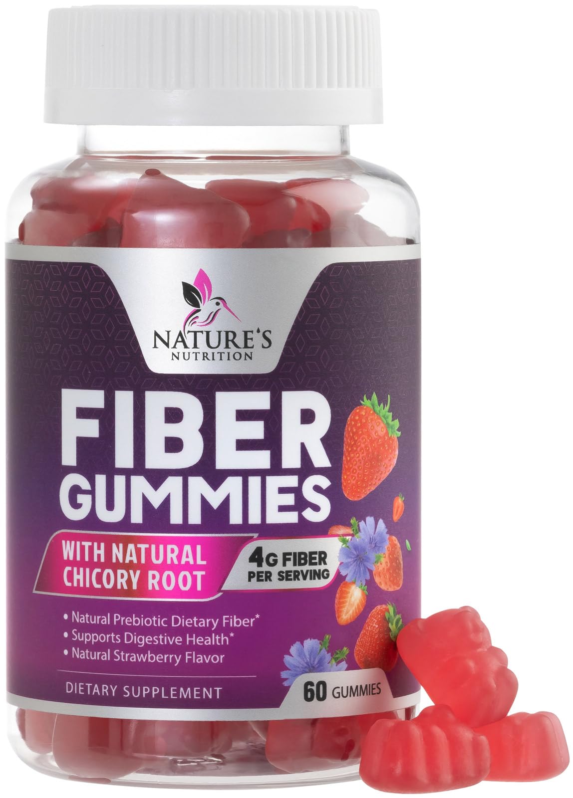 Nature's Nutrition Gommes Fibres 4 g – bouteille visible, soutien digestif quotidien