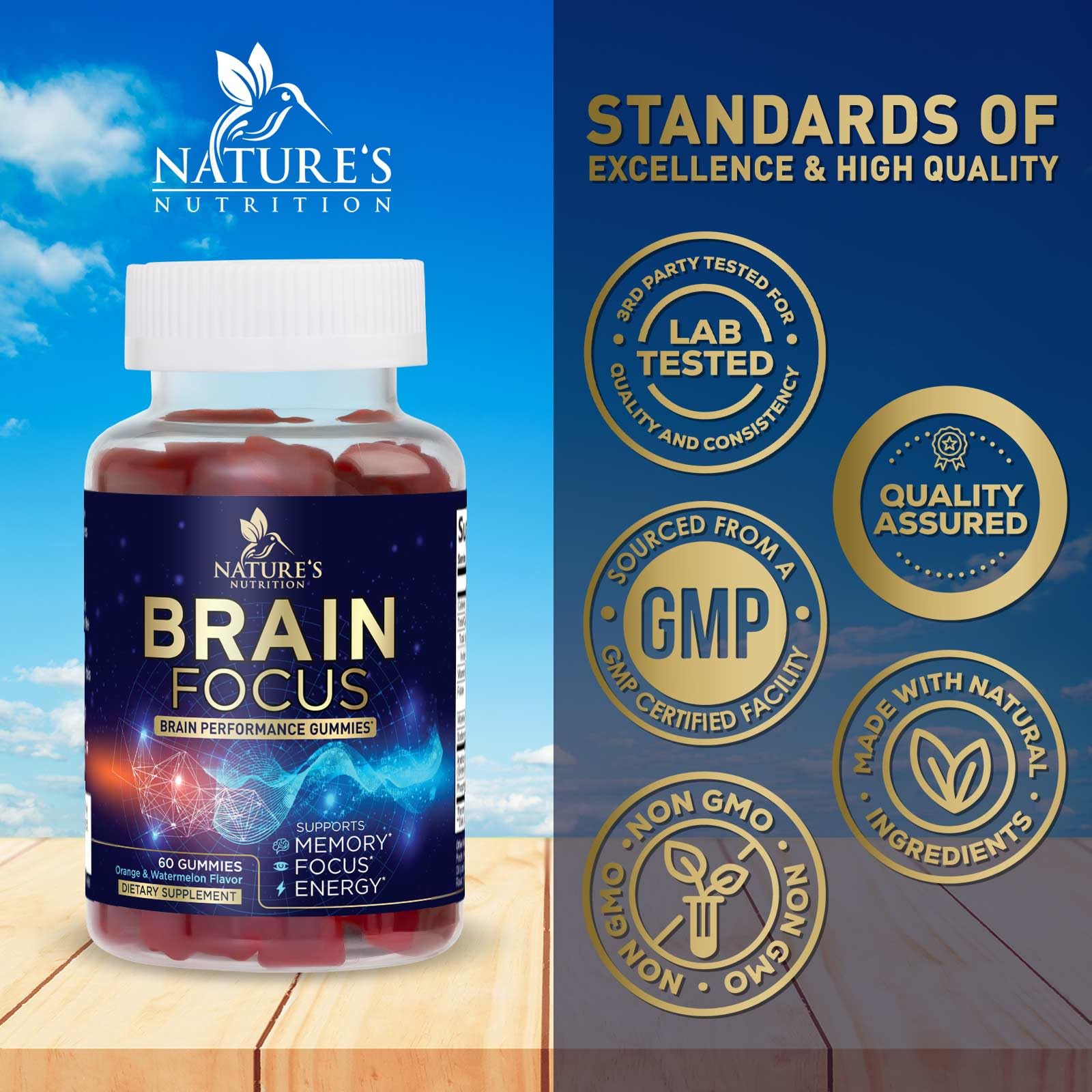Gommes Nature's Nutrition – ingrédients listés pour mémoire et attention.