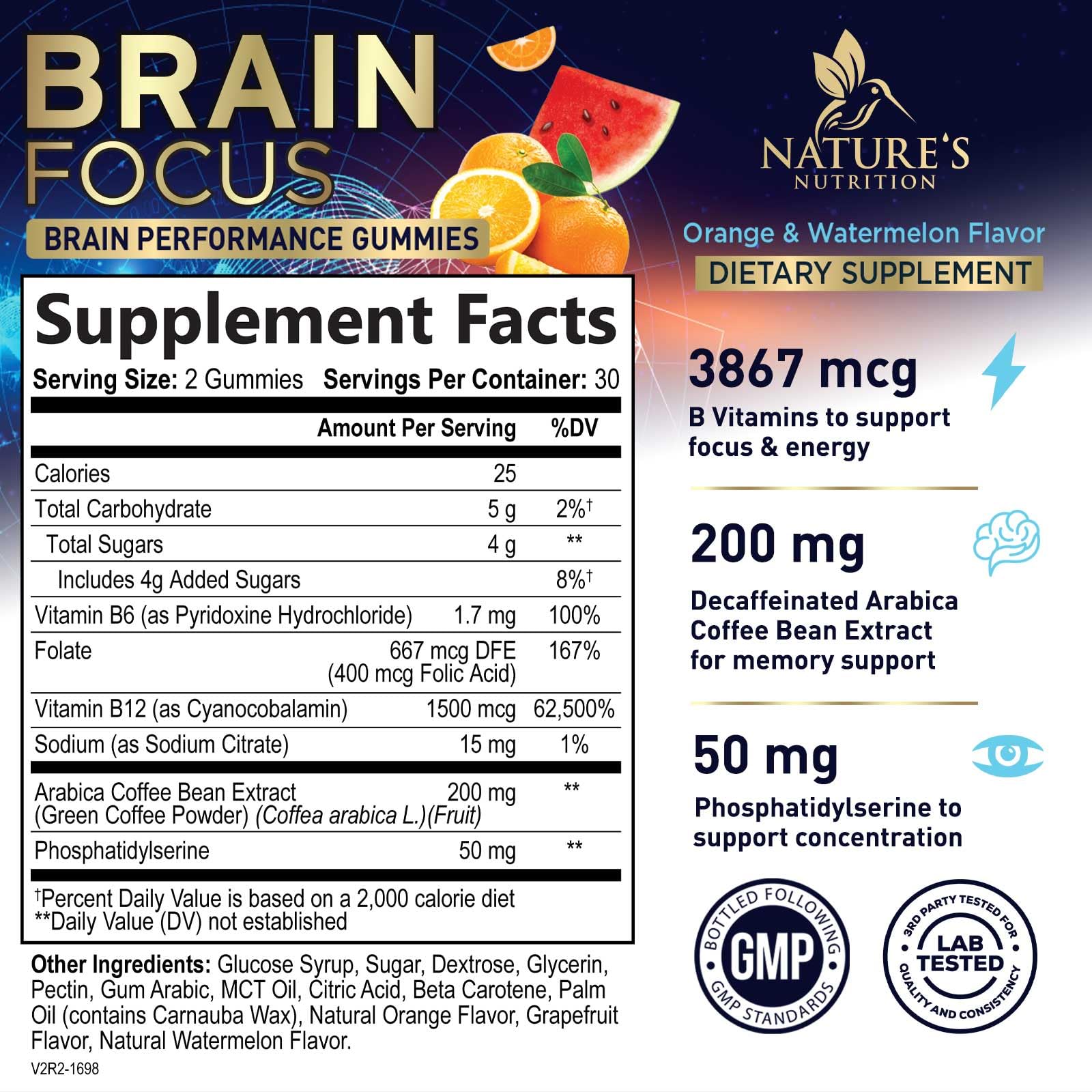 Gommes Nature's Nutrition dans la main, prise rapide pour concentration soutenue.