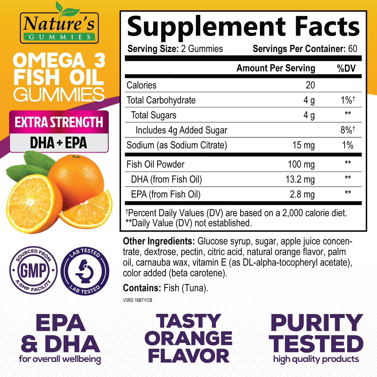 Nature's Nutrition Omega3 gommes orange, texture moelleuse pour une prise facile.