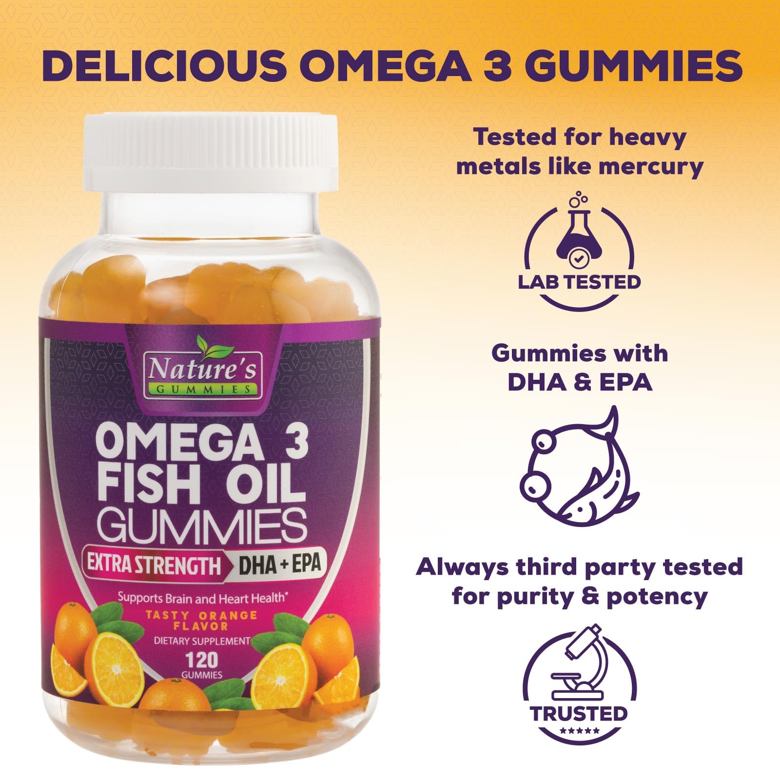 Nature's Nutrition Omega3 gommes en gros plan, couleur orange vivifiante pour le bien-être.
