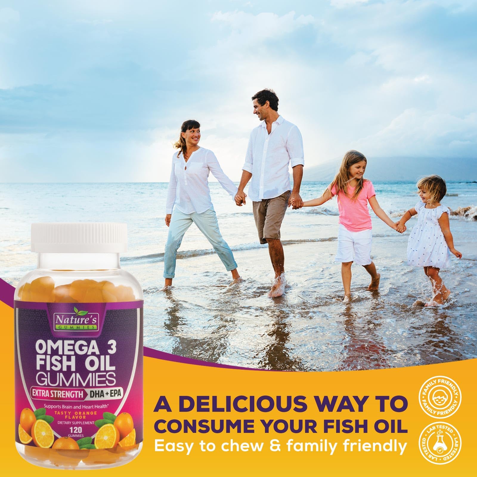 Nature's Nutrition Omega3 gommes dans la main avec un verre d'eau, prise pratique.