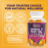Nature's Nutrition Omega3 gommes alignées sur planche, idée de consommation quotidienne.