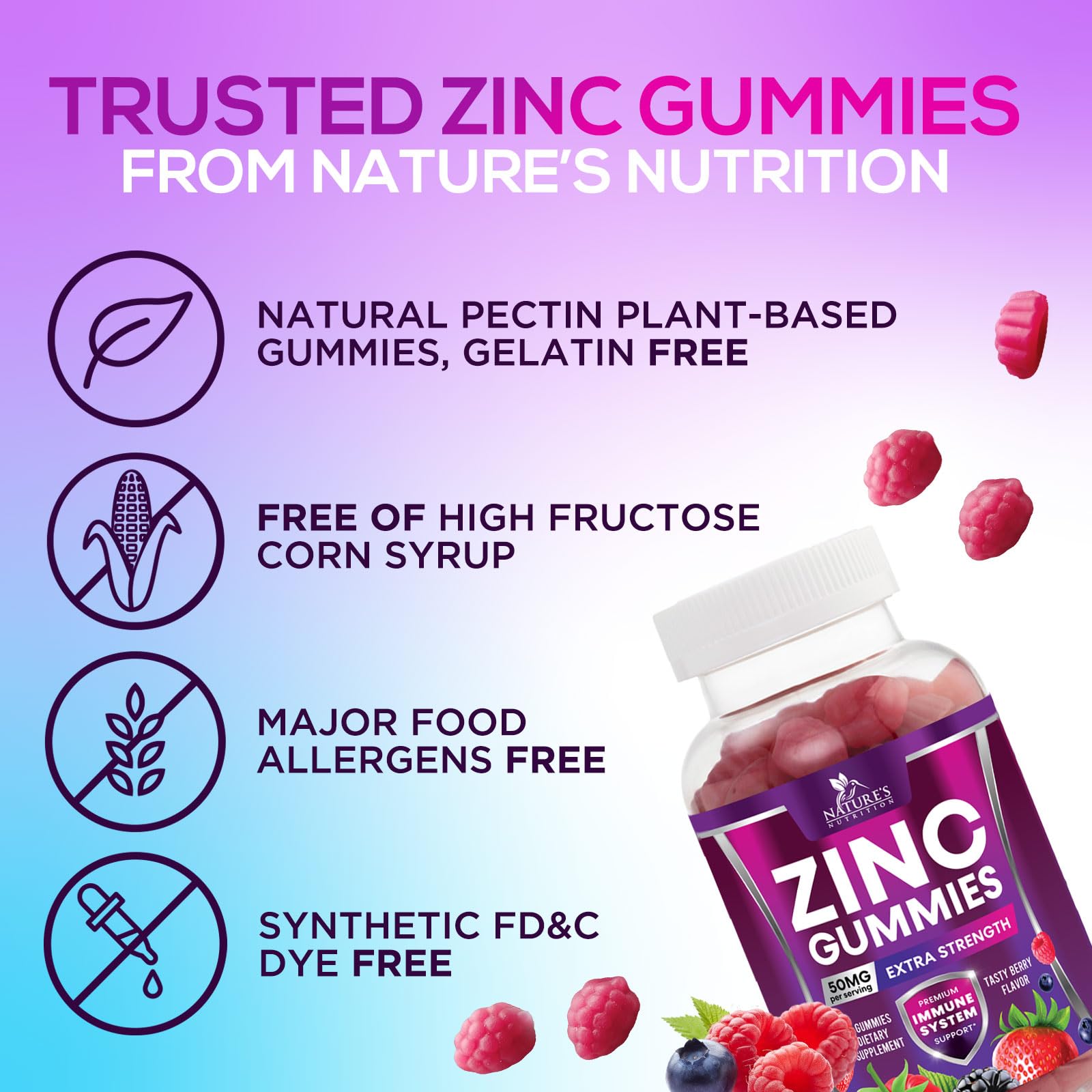 Nature's Nutrition gommes zinc 50 mg - antioxydant naturel pour soutenir les cellules.
