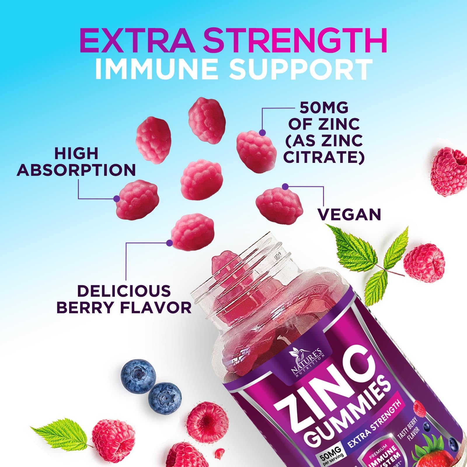 Nature's Nutrition gommes zinc 50 mg - arôme fruits rouges délicieux.