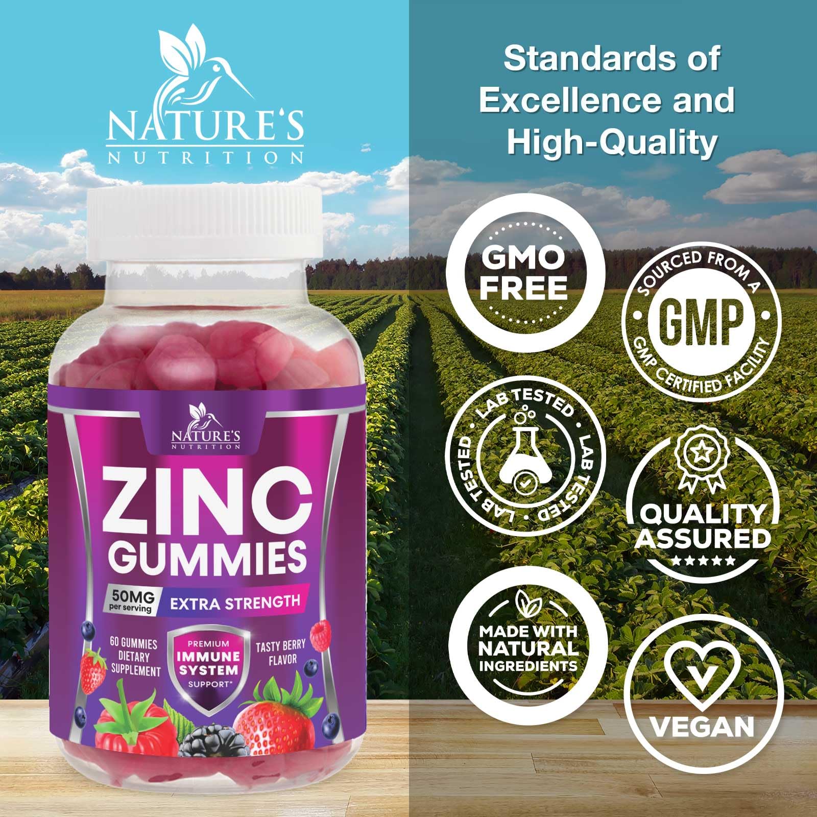 Nature's Nutrition gommes zinc 50 mg - bouteille ouverte, dose pratique.