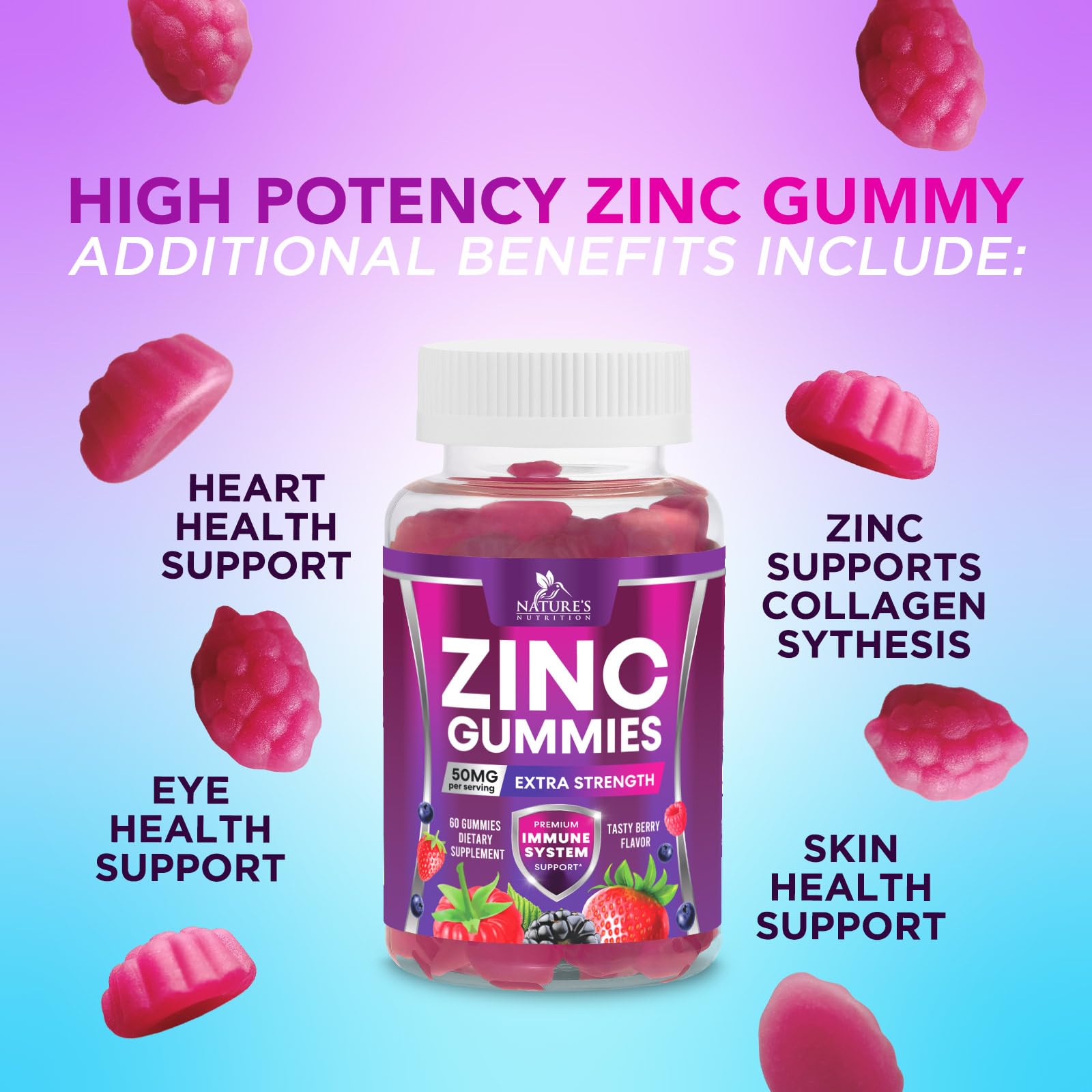 Nature's Nutrition gommes zinc 50 mg - ingrédient végan, alternative pratique.