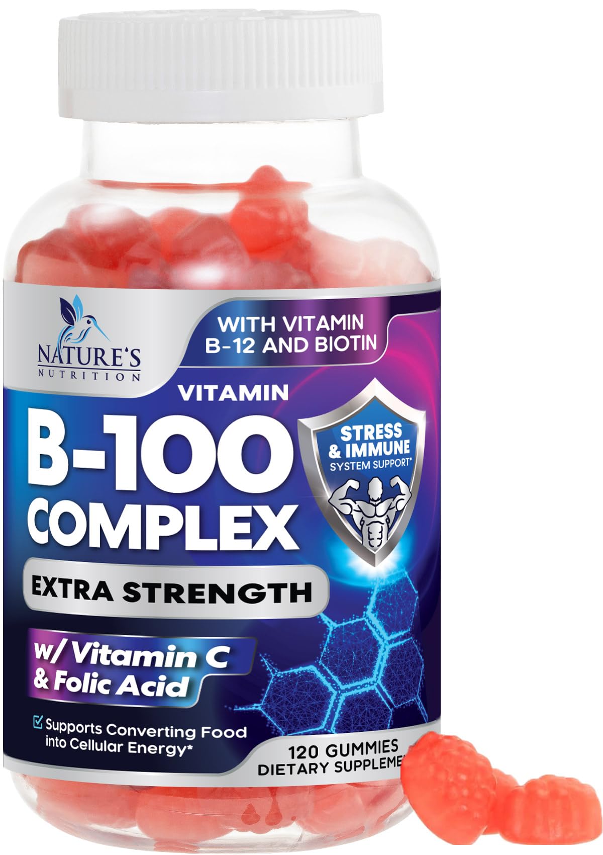 Nature's Nutrition Gums Complexe B emballage, soutien potentiel pour énergie durable.
