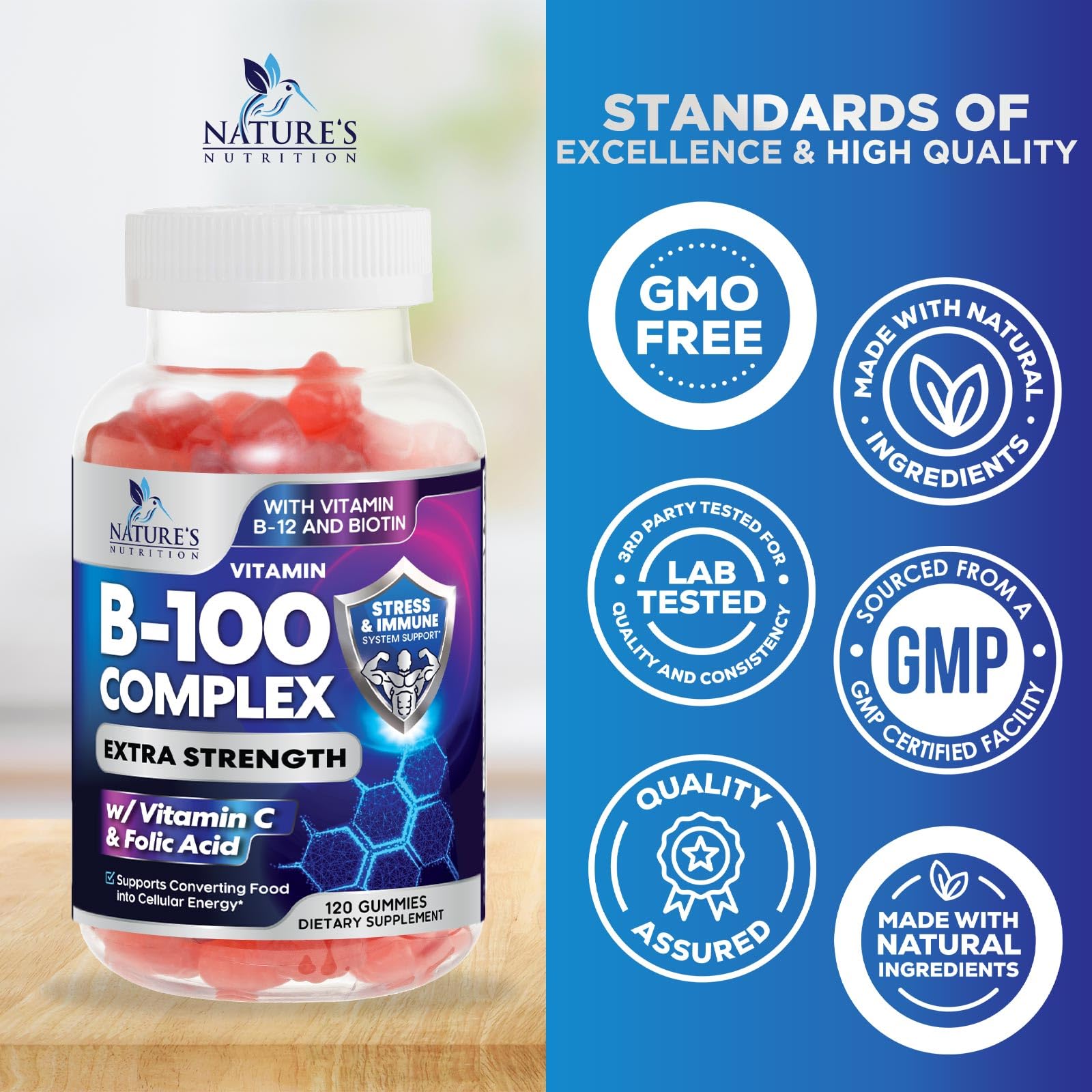 Nature's Nutrition Gums Complexe B prise quotidienne, intégration facile dans le jour.