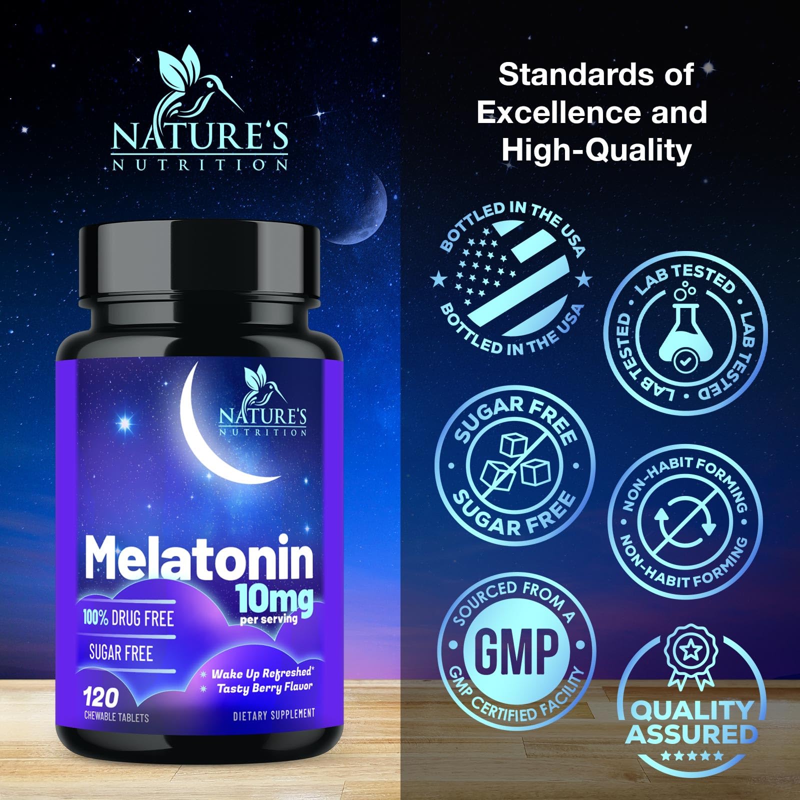 Nature's Nutrition Mélatonine 10 mg: dose élevée pour soutenir le sommeil nocturne.