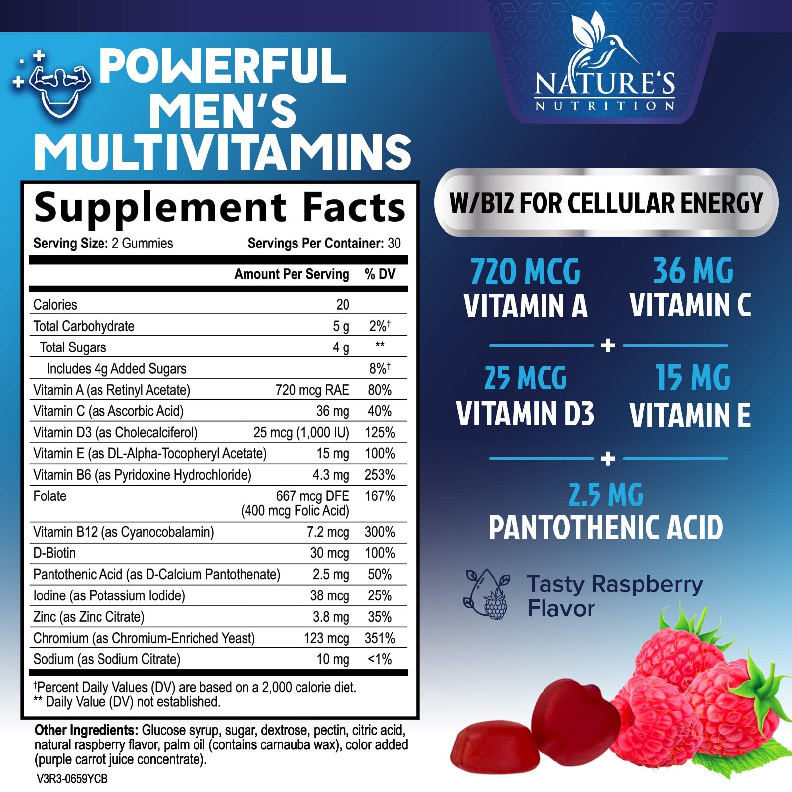 Étiquette Nature's Nutrition montrant les vitamines et minéraux essentiels