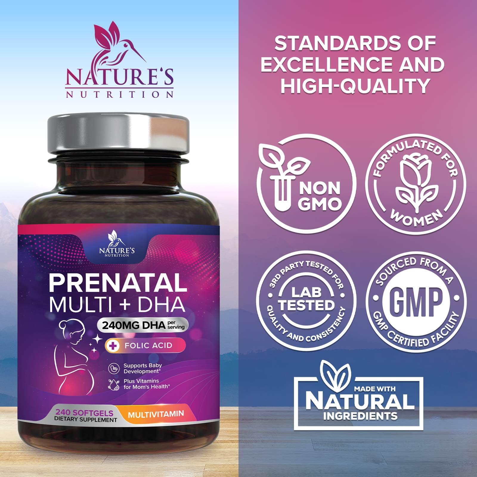 Nature's Nutrition Prenatal — formule complète couvrant les besoins quotidiens.