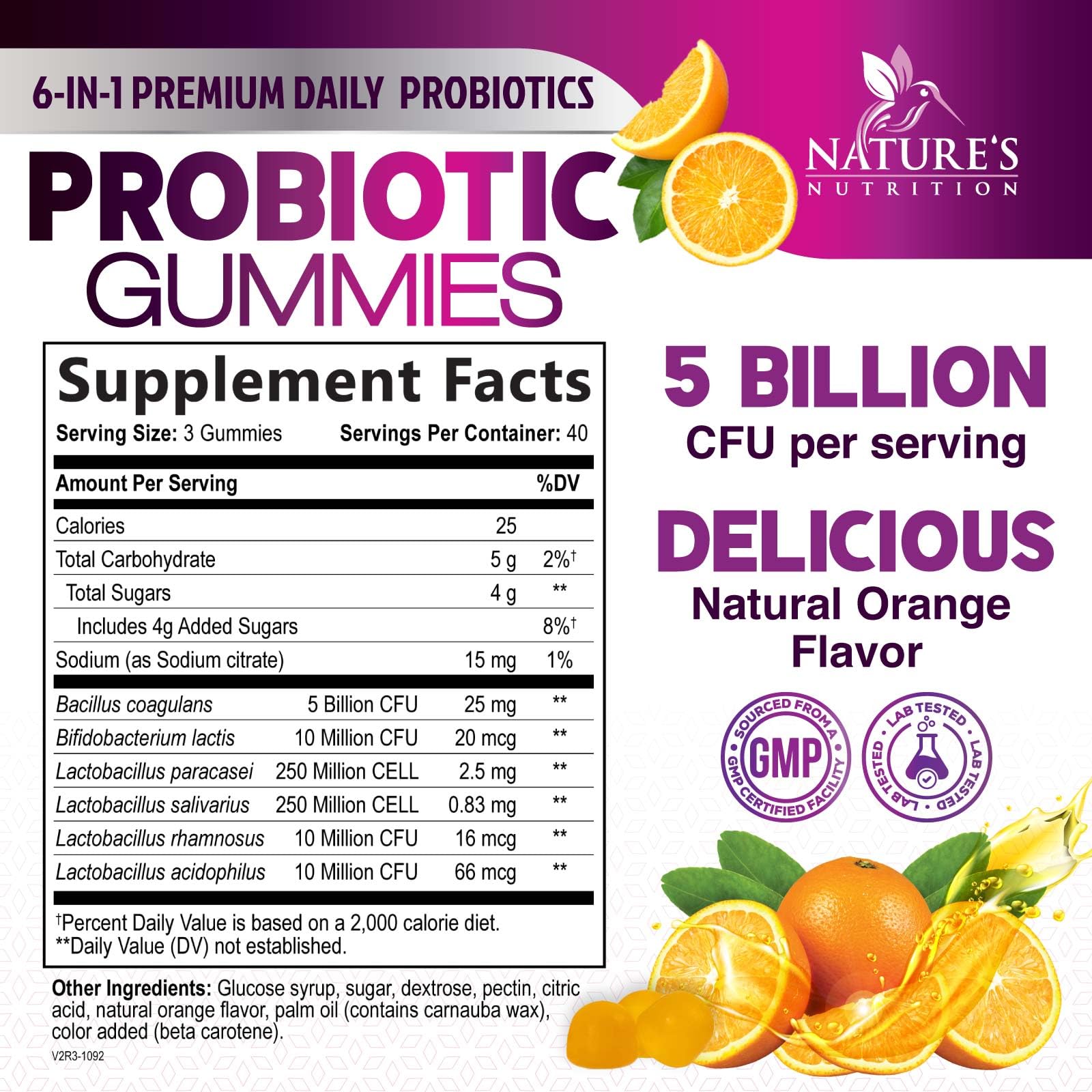 Nature's Nutrition gommes probiotiques orange, soutien digestif agréable.