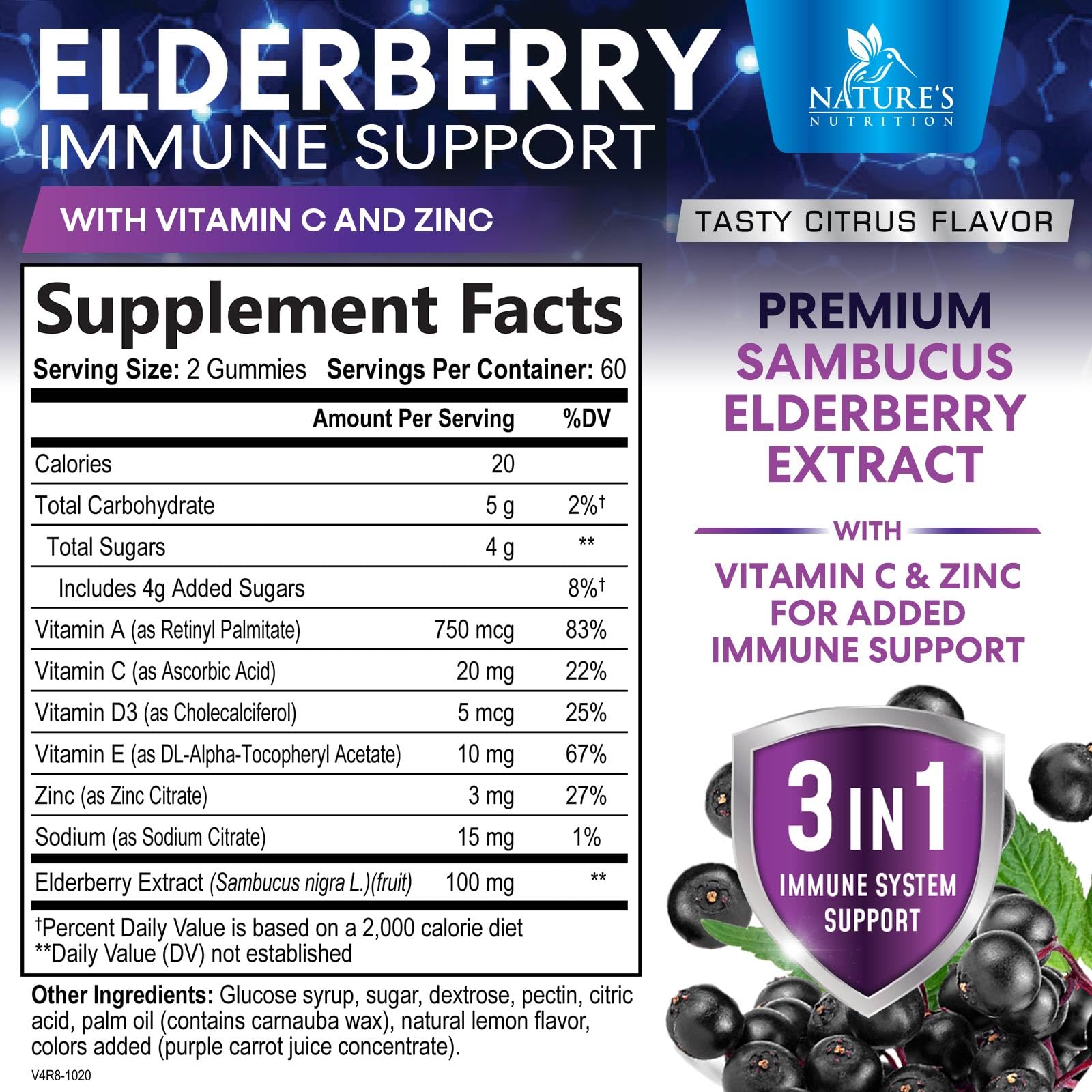 Nature's Nutrition Gommes Sureau Noir vitamine C soutien énergie et défense