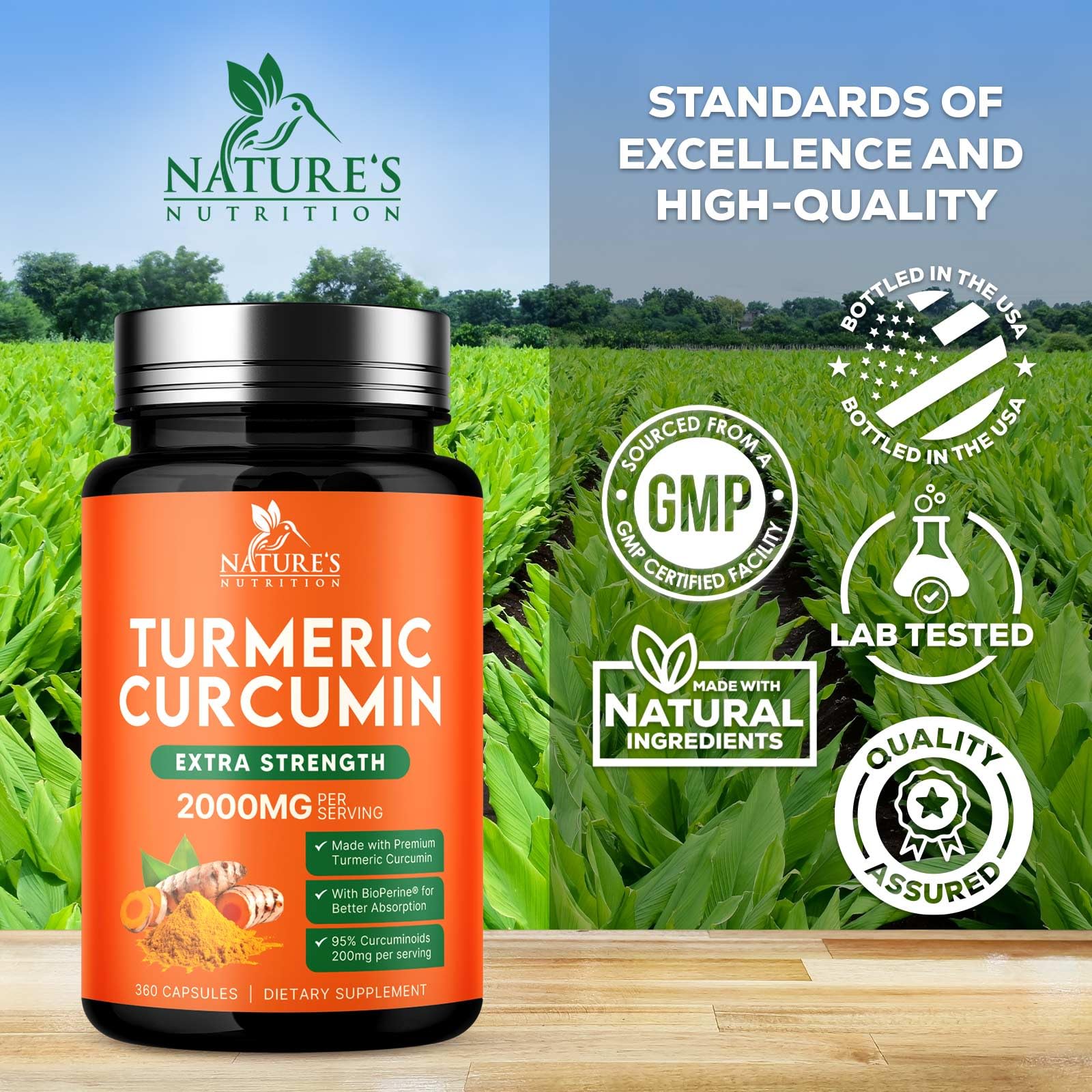 Nature's Nutrition Turmeric 2000mg — BioPerine favorise une absorption potentiellement accrue.