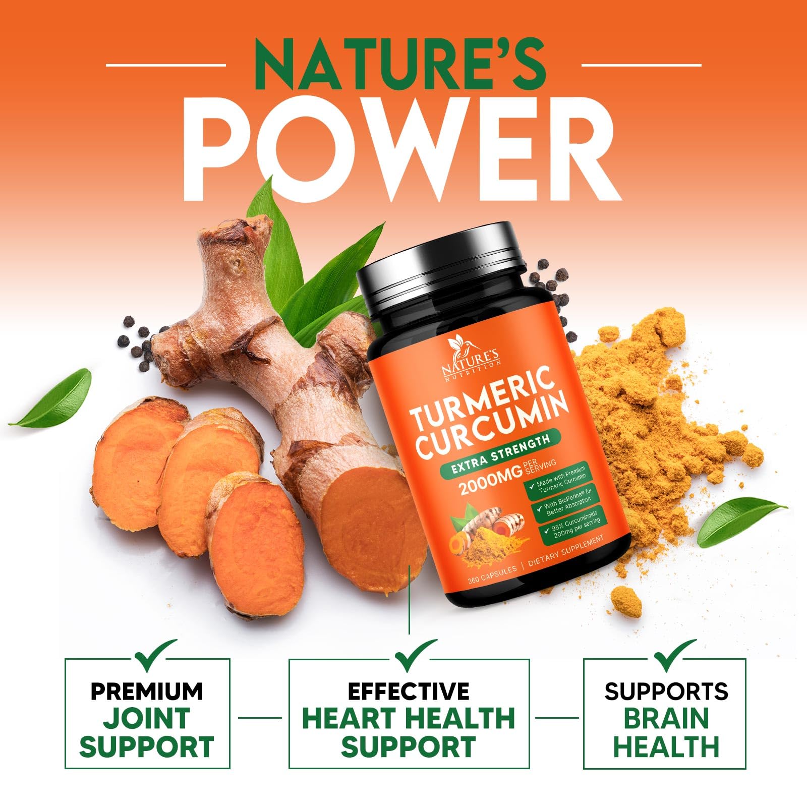Nature's Nutrition Turmeric 2000mg — étiquette GMP et contrôle qualité fiables.