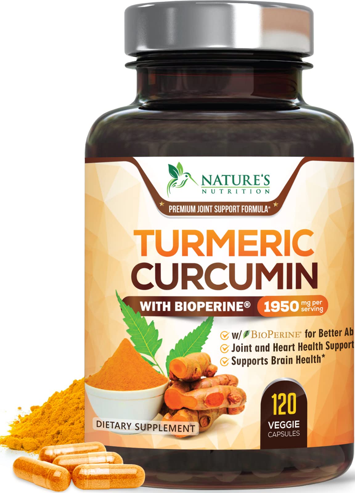 Nature's Nutrition Turmeric Curcumin 1950mg – bouteille avec capsules faciles à prendre